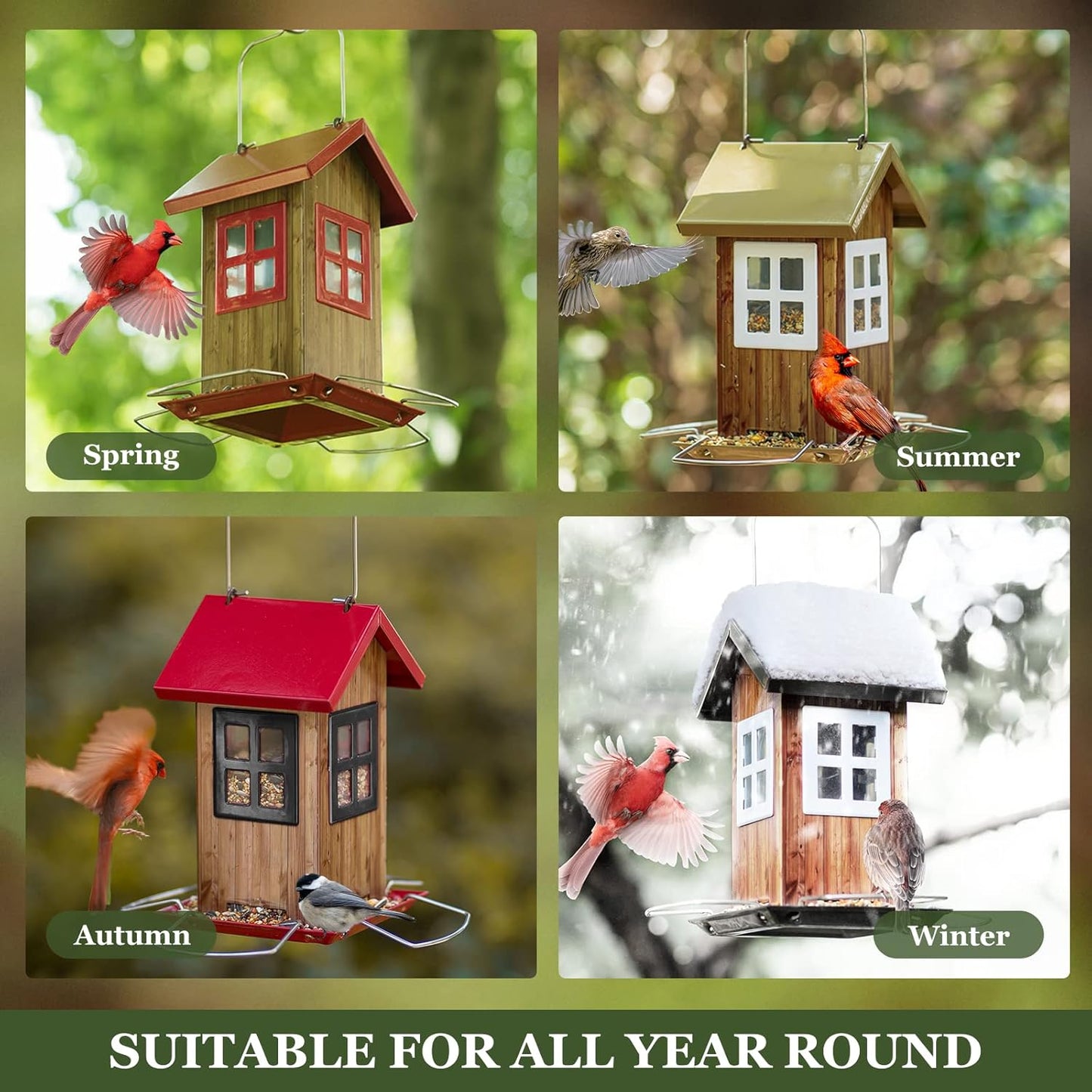 Kingsyard Cute Bird House Feeders for Outside, Hanging Metal Bird Feeder with 4 Ports, Outdoor Garden Yard Decorations for Cardinals Finches Chickadees Goldfinches & Sparrows Birds Watching