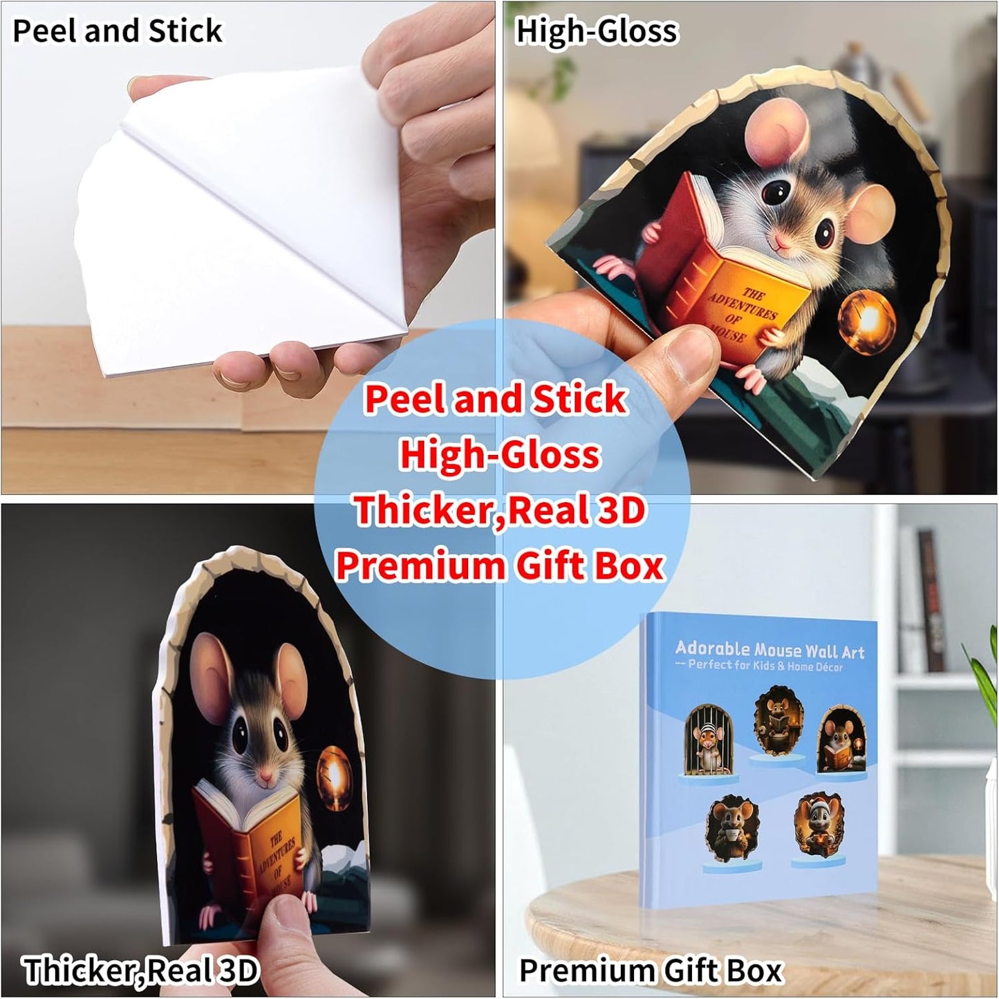 5PCS 3D Mouse Hole Wall Decals Peel and Stick Christmas Funny Whimsical Murals Wallpaper Art Decor Wall Stickers for Kids Room Door Playroom Stair Riser Bathroom Kitchen Nursery