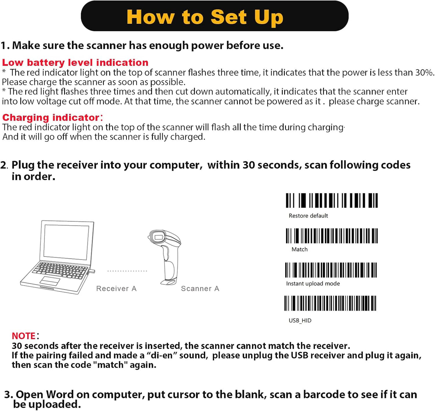 NADAMOO Wireless Barcode Scanner 328 Feet Transmission Distance USB Cordless 1D Laser Automatic Barcode Reader Handhold Bar Code Scanner with USB Receiver for Store, Supermarket, Warehouse - Violet
