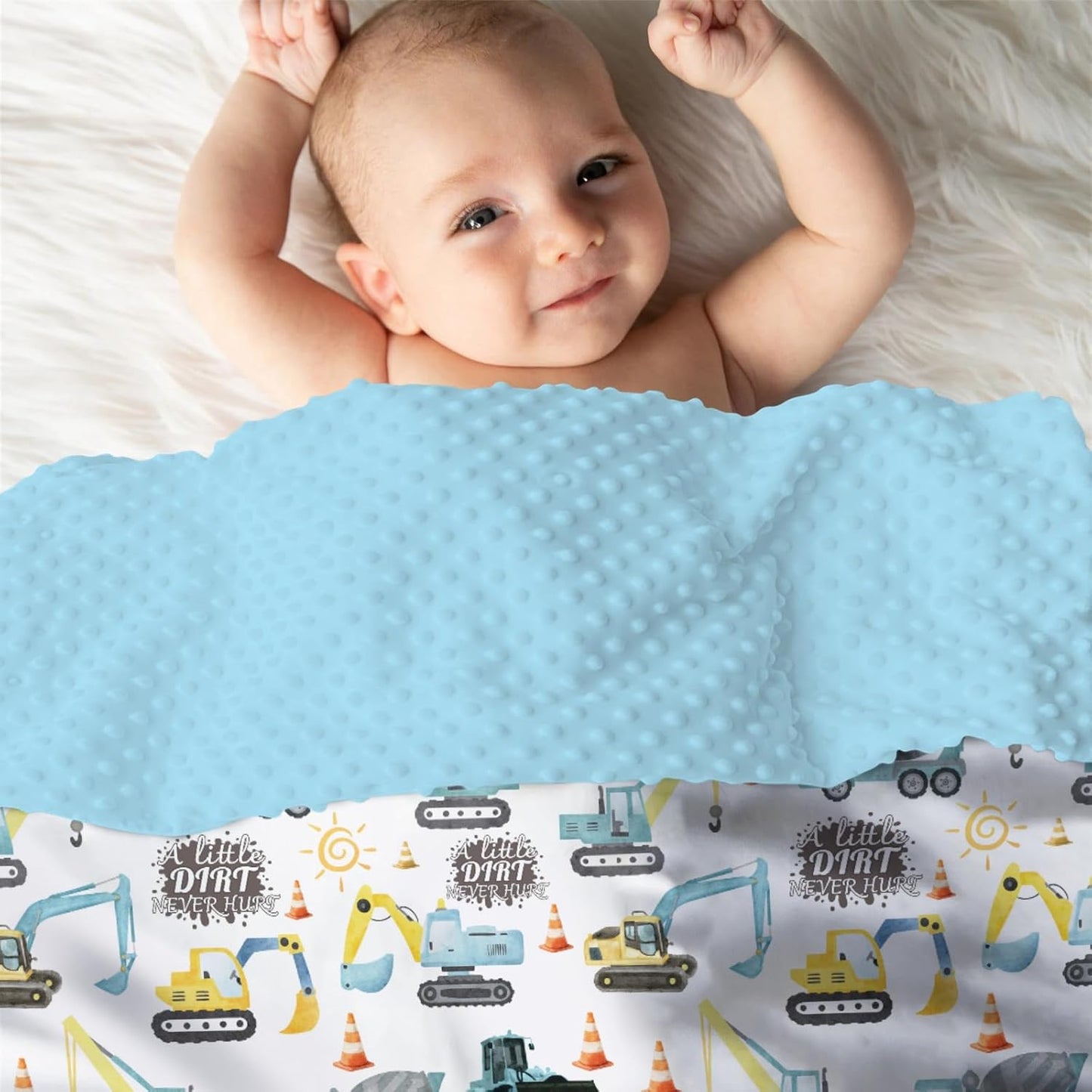 Mink Baby Boy Blankets Blue Yellow Construction Vehicle, A Little Dirt Never Hurt Double Layer Dotted Backing Receiving Swaddle, Newborn Infant Toddler Nursery Crib Bedding Shower Gift 30 x 40