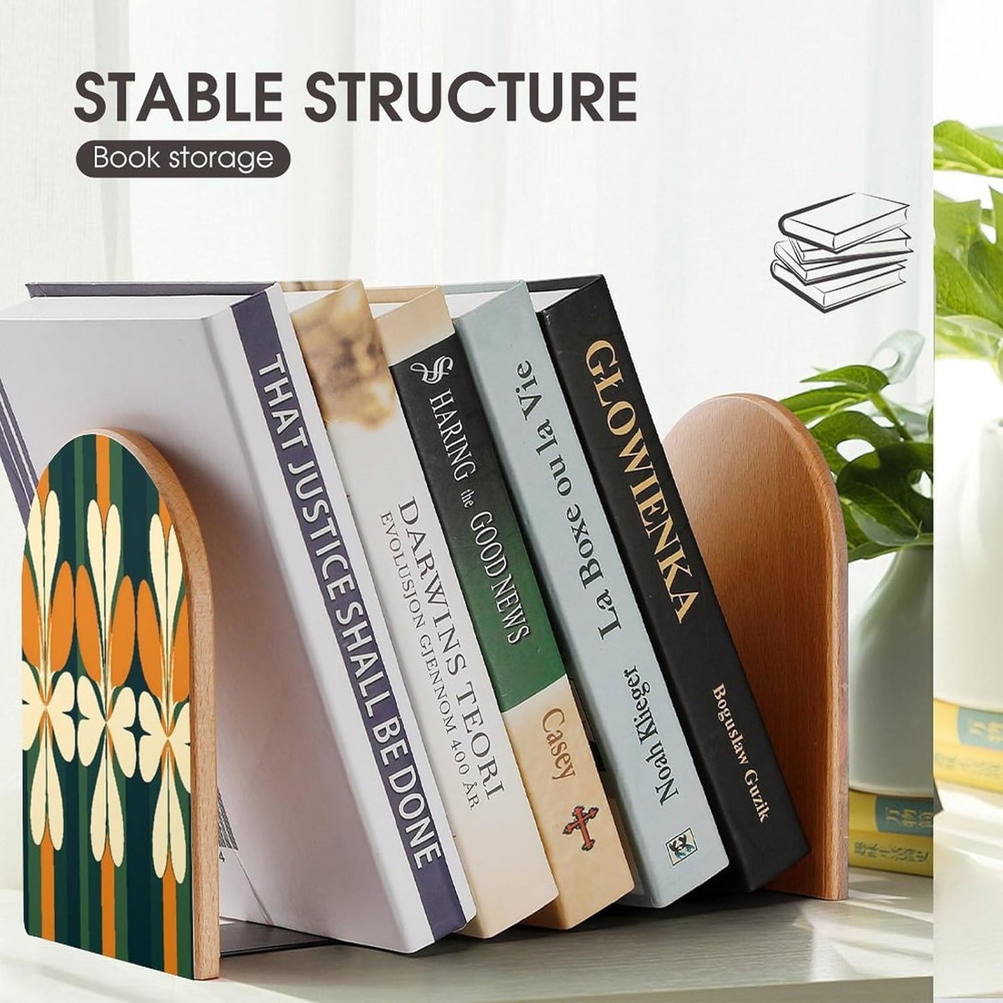 Non-Slip Bookend for Shelves Repeating Pattern Wooden Bookends with Metal Base Decorative Book Stopper for Home Heavy Duty Wood Book Storage for Books/CDs