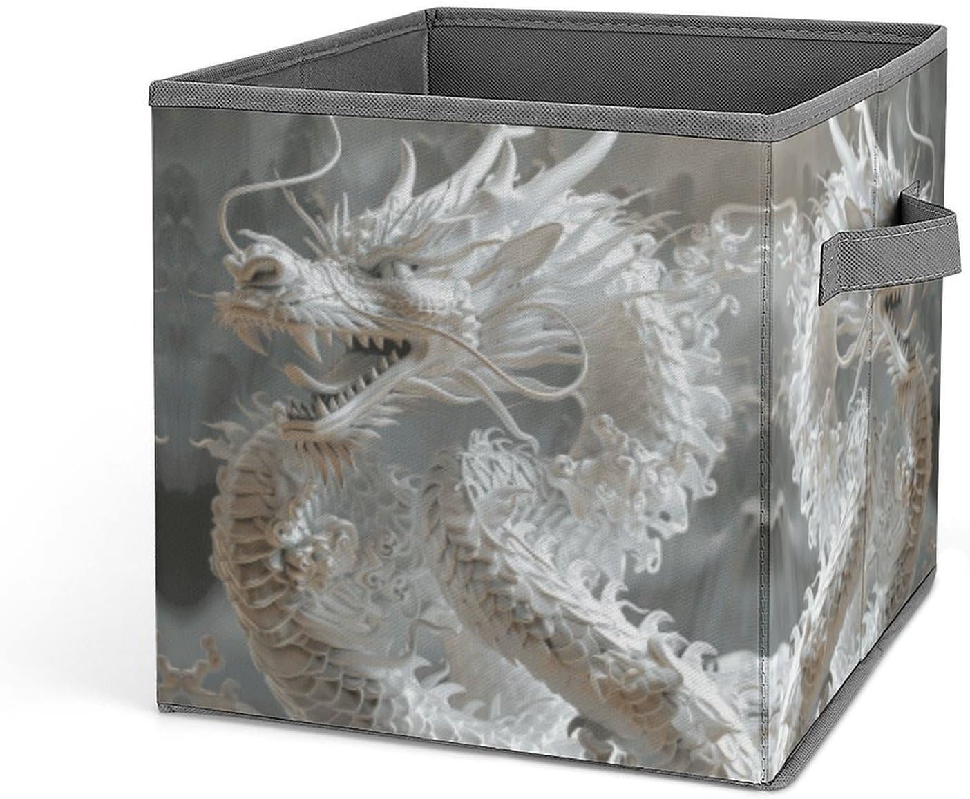 White Dragon Style Storage Bins with Handles Fashion Large Storage Cubes Sturdy Foldable Storage Boxes Space-Saving Storage Baskets for Home Office Clothes Closet Organizers