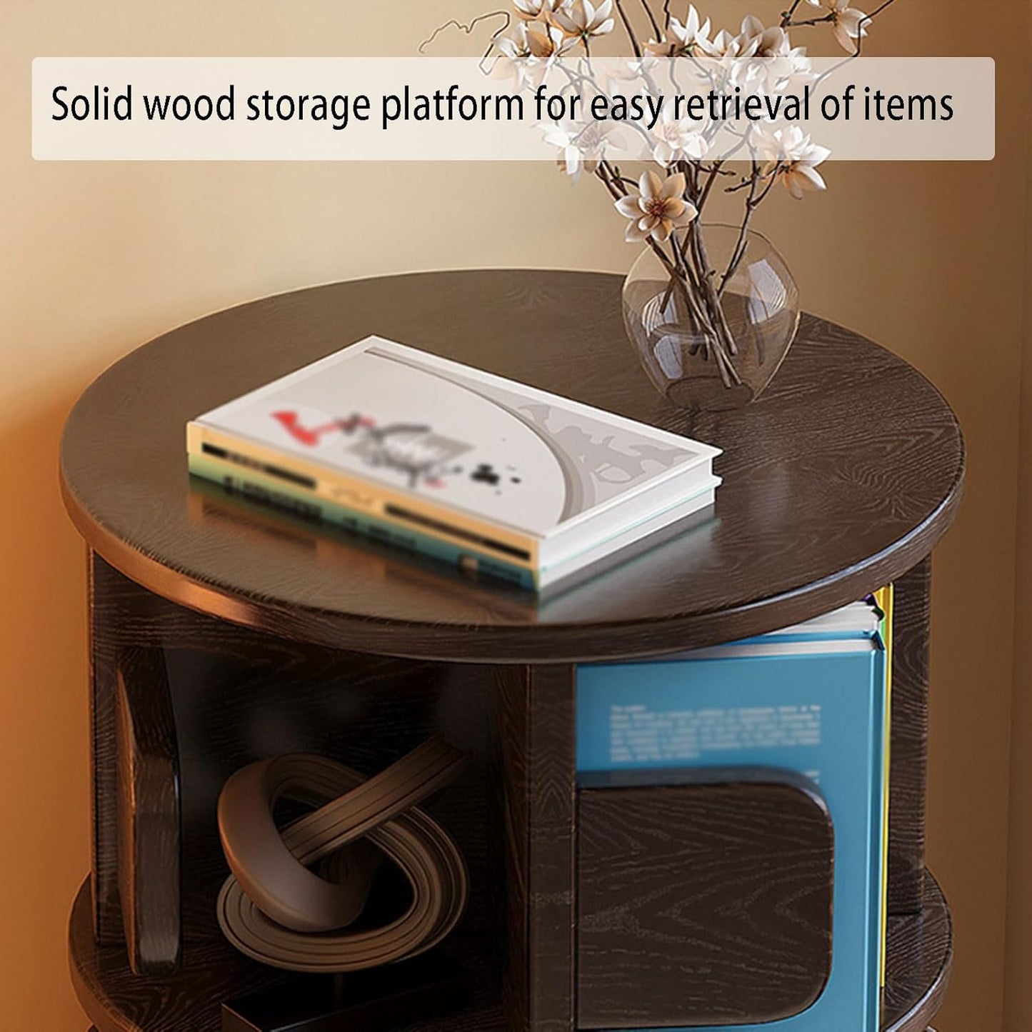 Bedside End Table with Storage & Wheels Movable, Rotating Bookshelf 360 Display 2 Tier, Rustic Side Table Bookcase Storage Rack for Living Room Bedroom