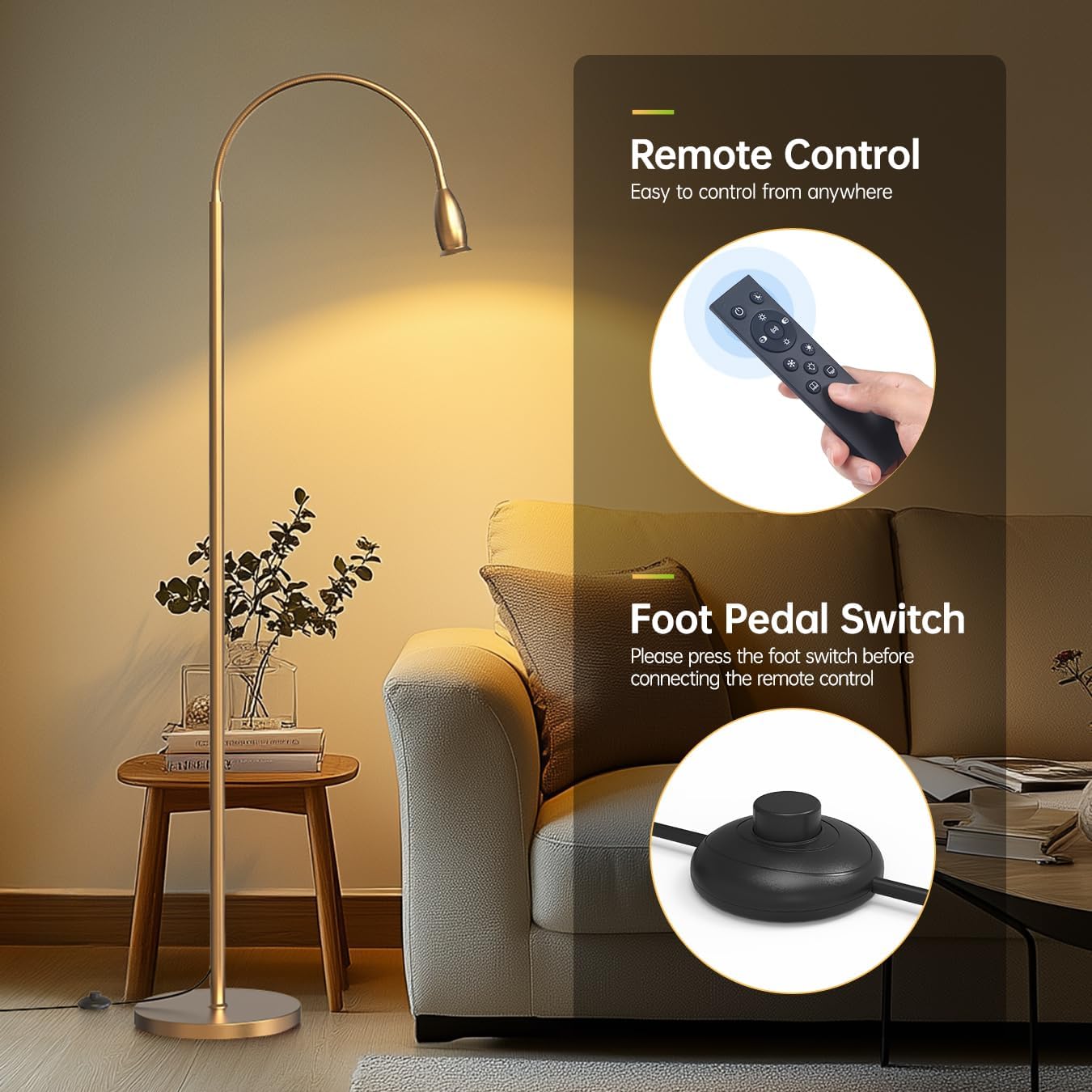 Reading Floor Lamp, 73" Standing Lamp with Dimmable Zoomable LED Spotlight, Adjustable Color Beam and Flexible Gooseneck, Remote & Pedal Control, for Reading Bedroom Crafting (Antique Brass)