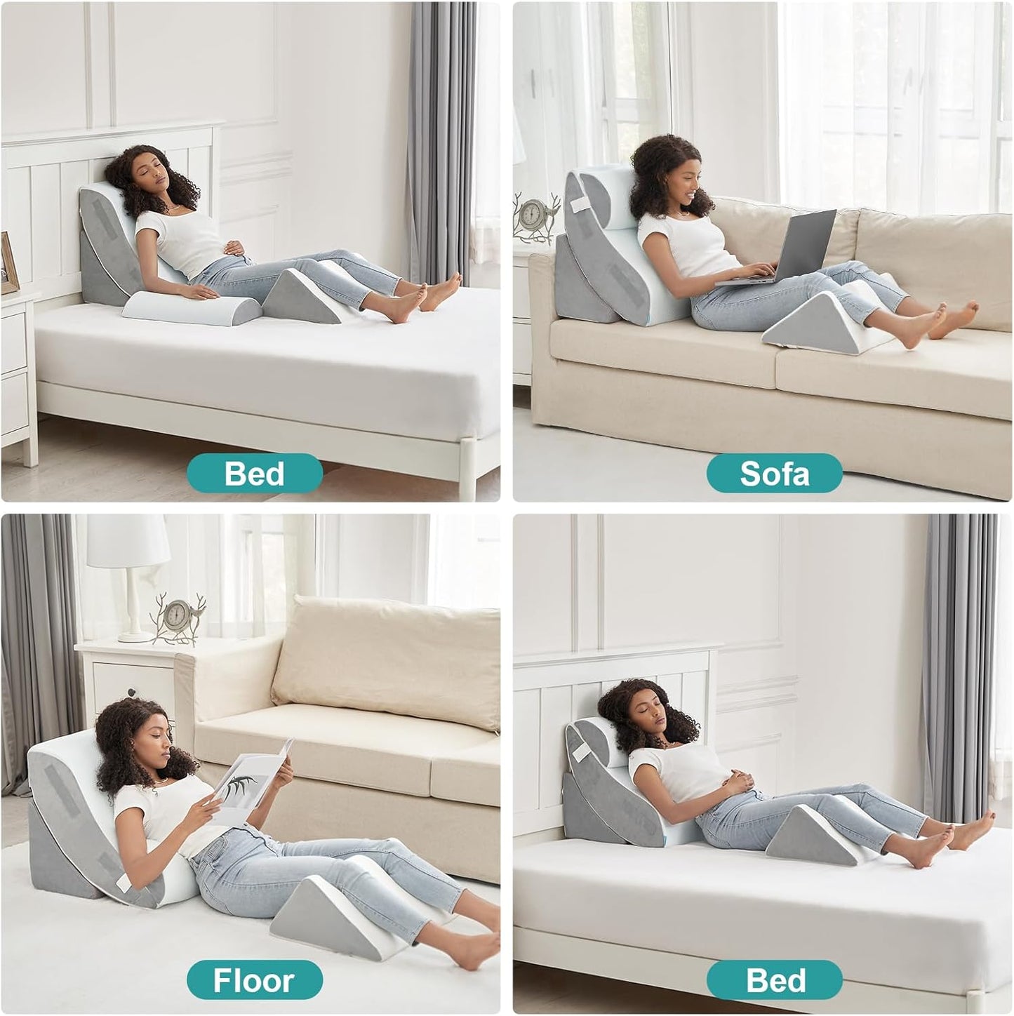 Hansleep Bed Wedge Pillow Set for After Surgery 4PCS, Post Surgery Pillow for Sleep Apnea and Acid Reflux Relief, Adjustable Reading Pillows Back Support with Memory Foam, White, 20"