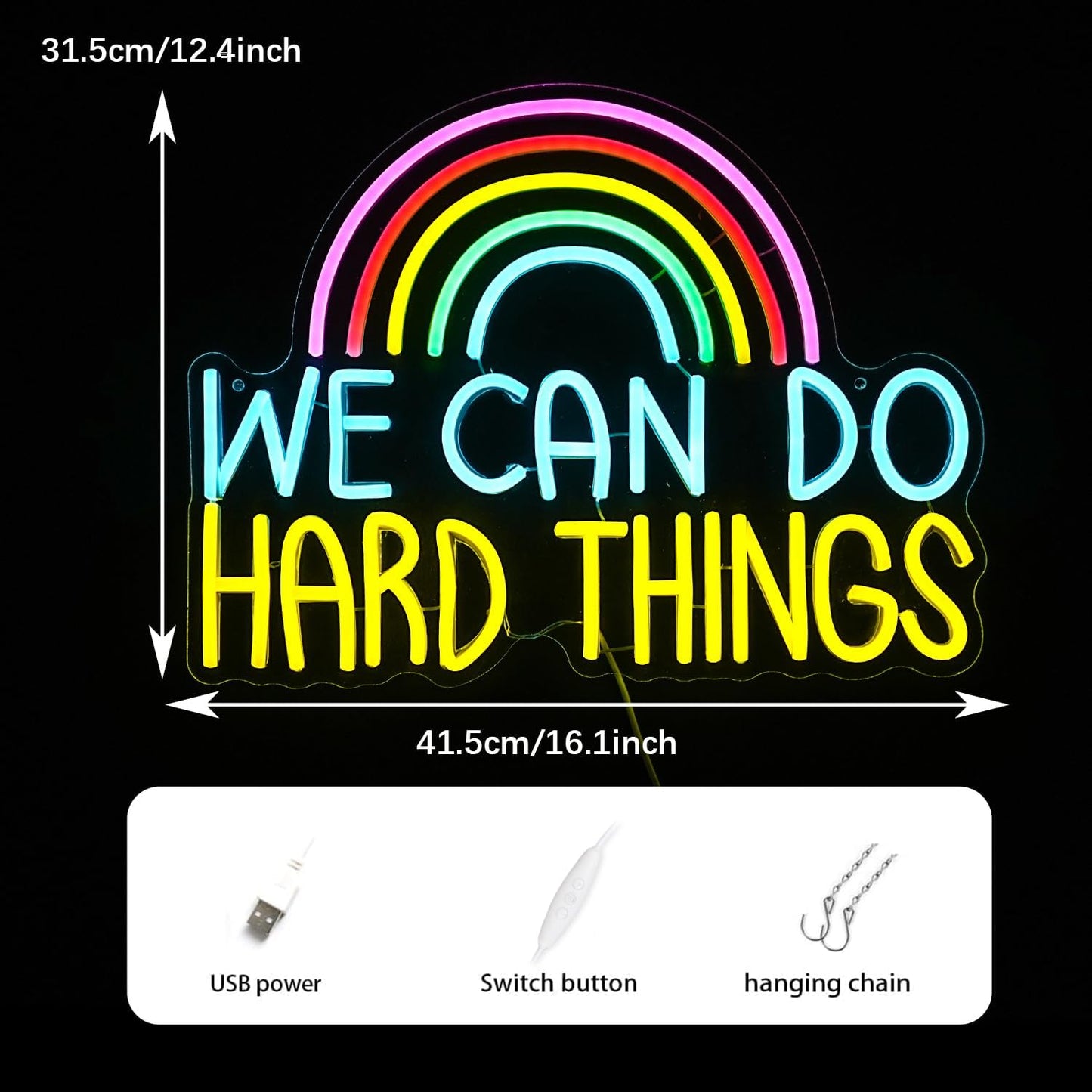 We Can Do Hard Things Neon Sign USB Powered Rainbow Neon Light for Wall Decor Colorful Dimmable LED Light Up Sign for Bedroom Classroom Party Practical Activity Title(16.3 * 12.4In)