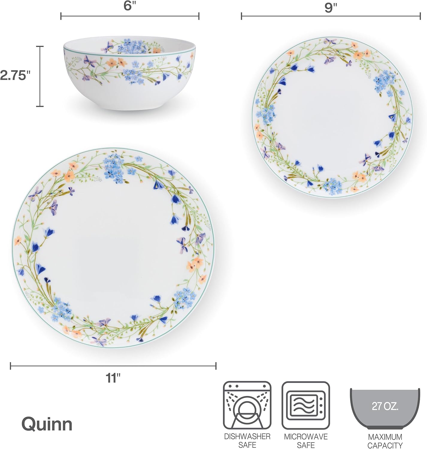 Mikasa Quinn Lightweight Bone China 12 Piece Dinnerware Plate Bowl Set, Service for 4