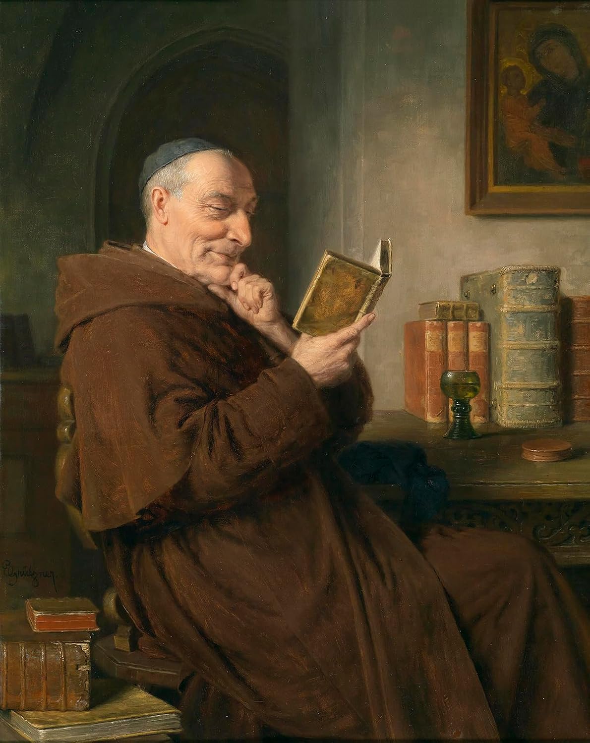 Monk Reading a Book with Wine Glass Christianity Catholicism Monastery Life Painting by E. Grutzner 20"X24" Image Size on CANVAS Fine Art Print Poster Shipped Rolled-up