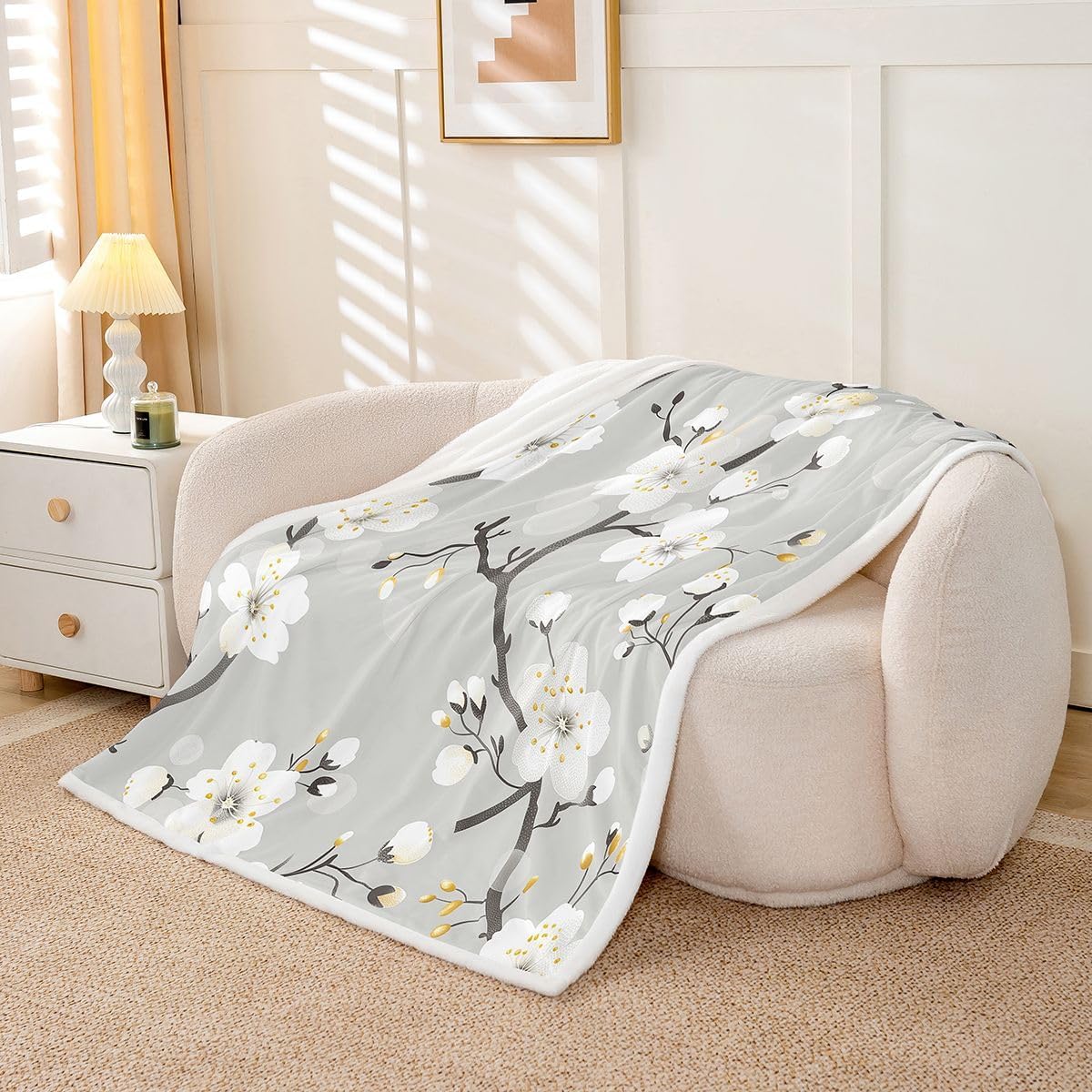 Feelyou Vintage Flowers Sherpa Throw Blanket for Couch Grey Boho Floral Super Soft Cozy Fleece Boho Blanket for Winter, Plush Throw Baby 30"x40" All Season