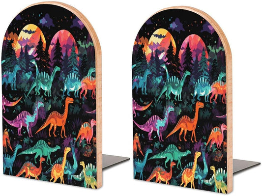 Non-Slip Bookend for Shelves Colorful Dinosaurs on Black Background Wooden Bookends with Metal Base Decorative Book Stopper for Home Heavy Duty Wood Book Storage for Books/CDs