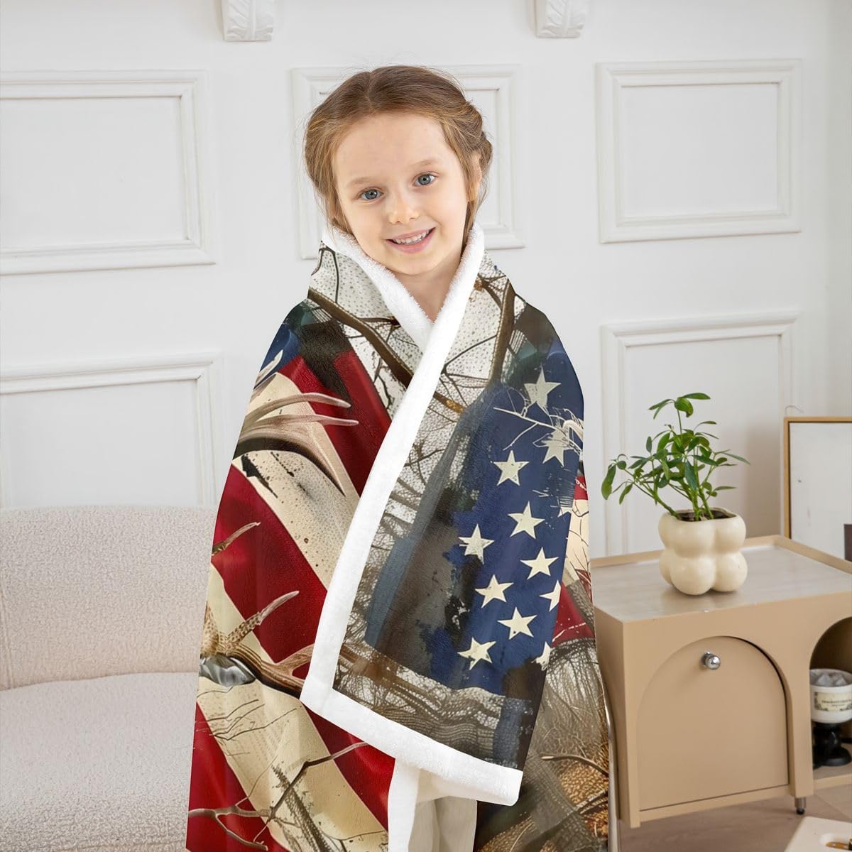 Feelyou Hunting Camo Deer Sherpa Throw Blanket for Couch American Flag Deer Super Soft Cozy Fleece Wildlife Animal Blanket for Winter, Plush Throw Camo Baby 30"x40" All Season