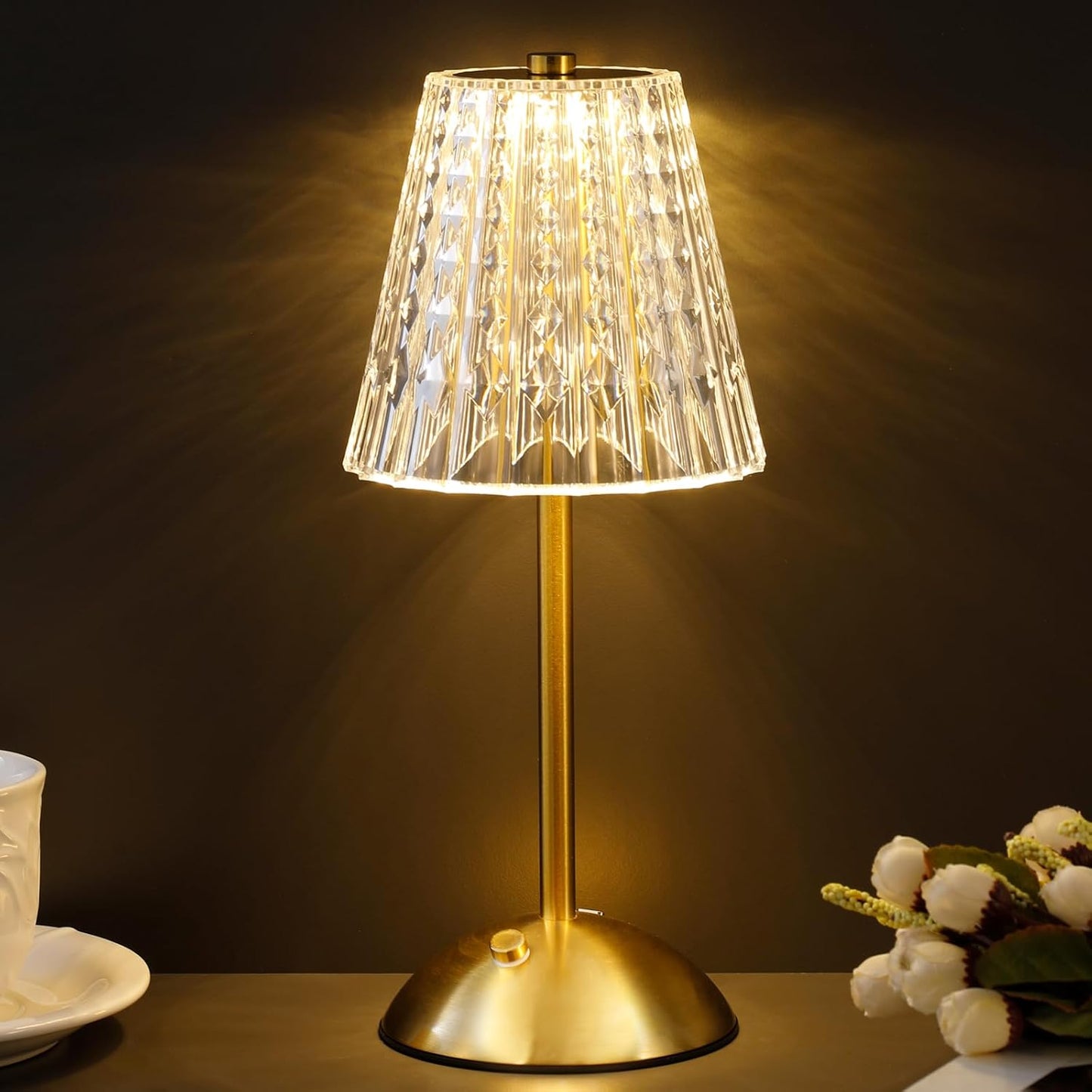 Cordless Table Lamp with Touch Control - 3000mAh Rechargeable, Small Crystal 3-Color Dimmable Ambient Light for Dining Table, Bedside, Kitchen, Entryway, Bathroom, Restaurant, Gifts
