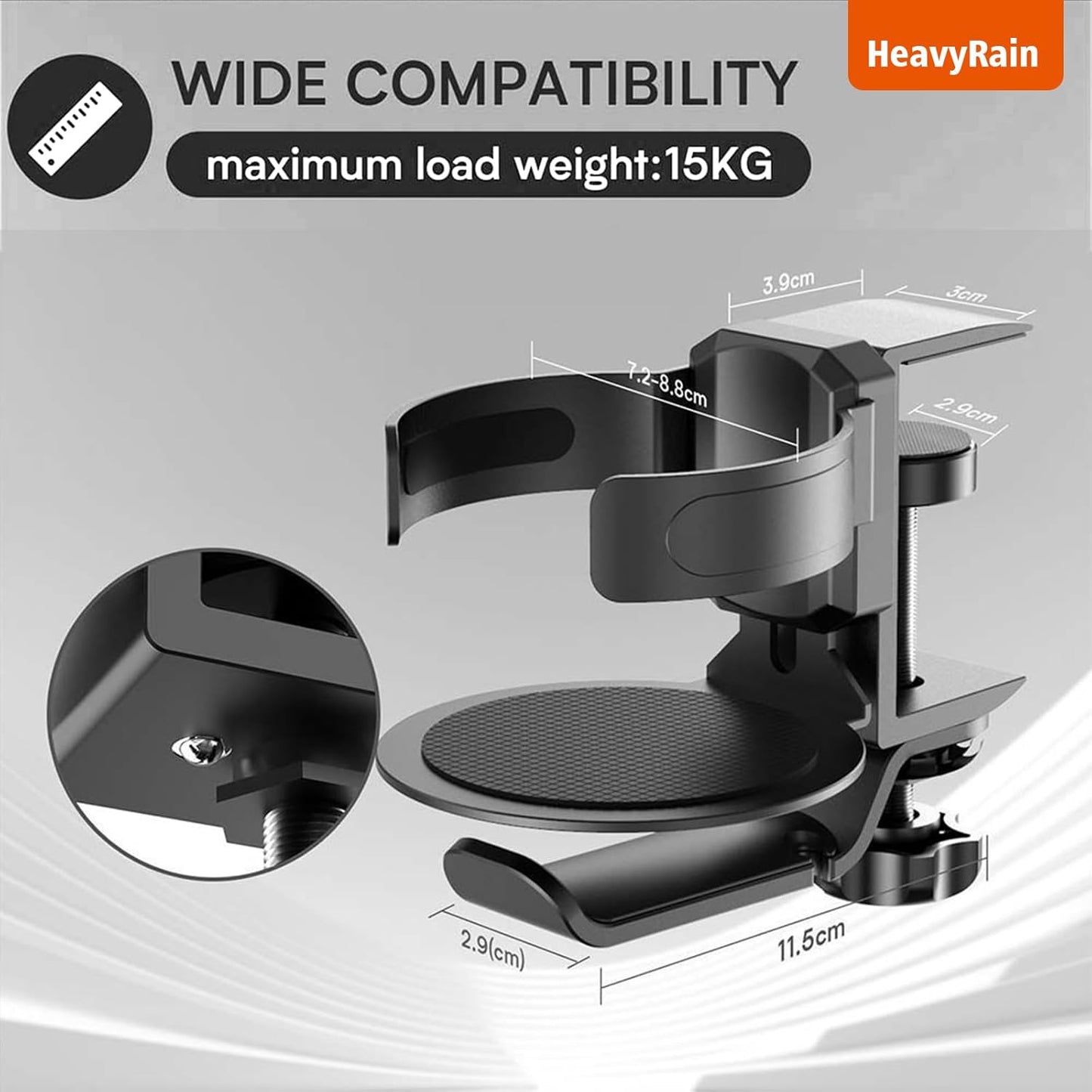 HeavyRain 3-in-1 Desk Cup Holder with Headphone Hook, Anti-Overflow Coffee Mug Holder for Desk, Sturdy Aluminum Clamp-on Cup Holder for Wheelchair, Couch, Office, Gaming Desk Accessories, Black