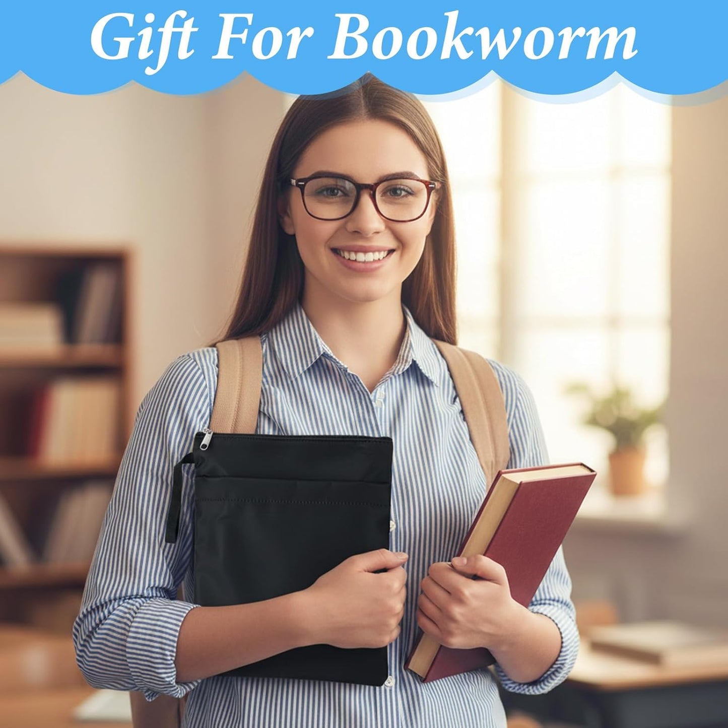 Book Sleeves with Zipper,Book Pouch Travel Books Cover Case for Paperbacks & Hardcover Books Lovers Mother's Day Gifts (Black,1 PCS)