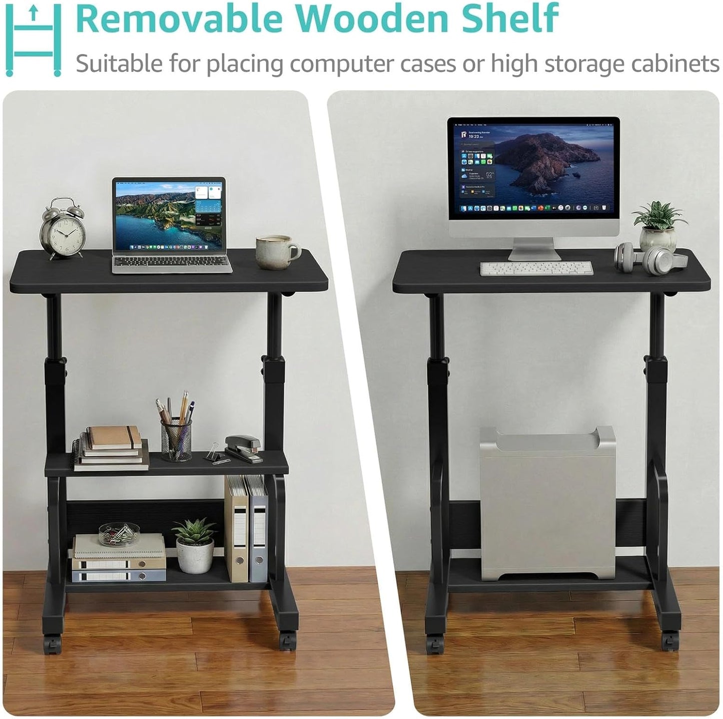Small Rolling Desk for Small Spaces - 24" Portable Standing Desk with Wheels, Height Adjustable C Shaped Side Table Mobile Laptop Desks with 2-Tier Storage Shelves for Bed Sofa, Black