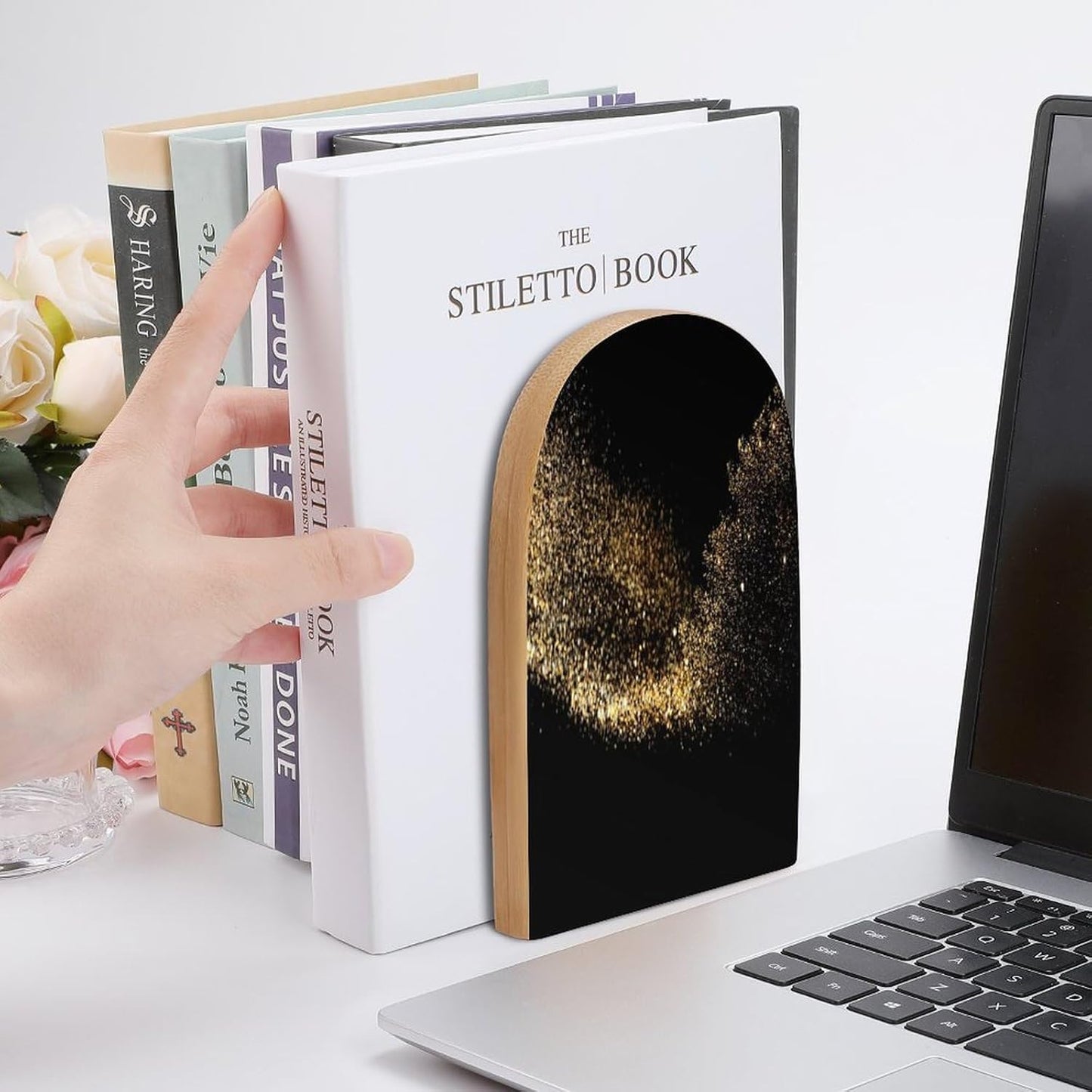 Gold Black Sand Wooden Bookend Non-Slip Book Ends Heavy Duty Book Stopper with Metal Base Books Holderd Decorative Bookends Stands Firmly for Office Supplies