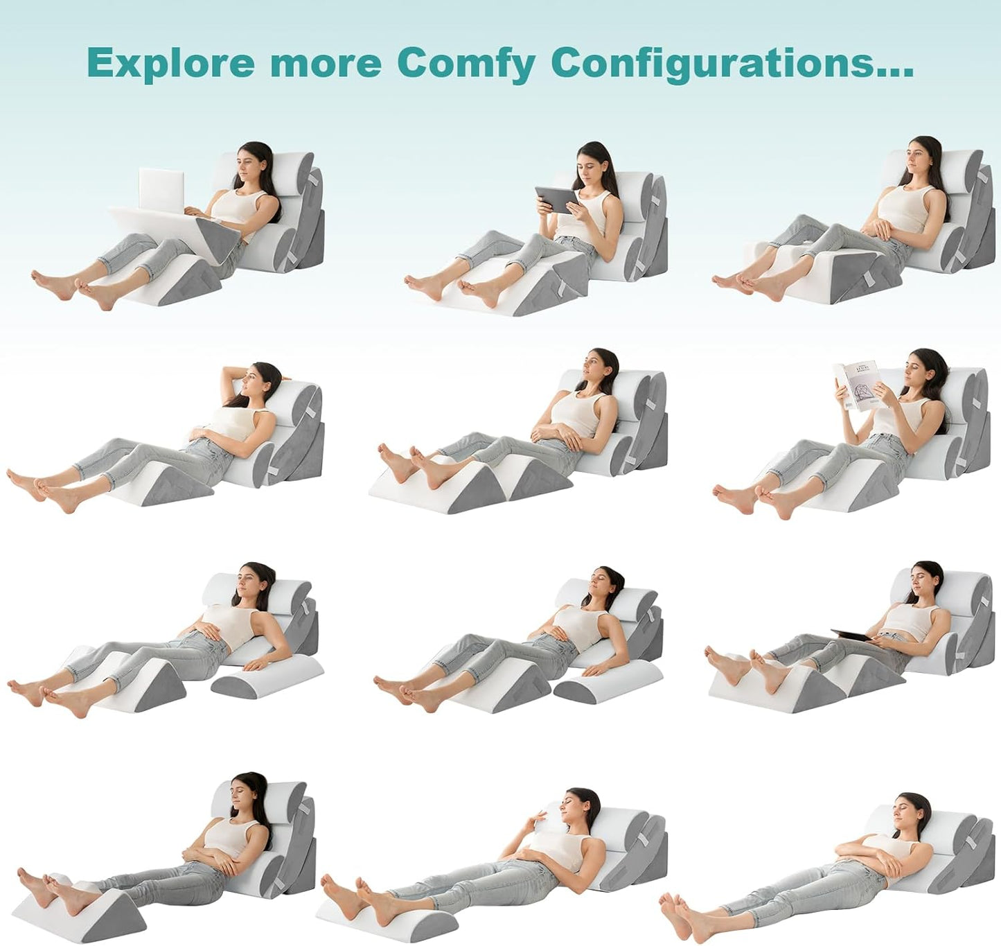 Hansleep Bed Wedge Pillow Set for After Surgery 6PCS, Post Surgery Pillow for Sleep Apnea and Acid Reflux Relief, Adjustable Reading Pillows Back Support with Memory Foam, White, 23"