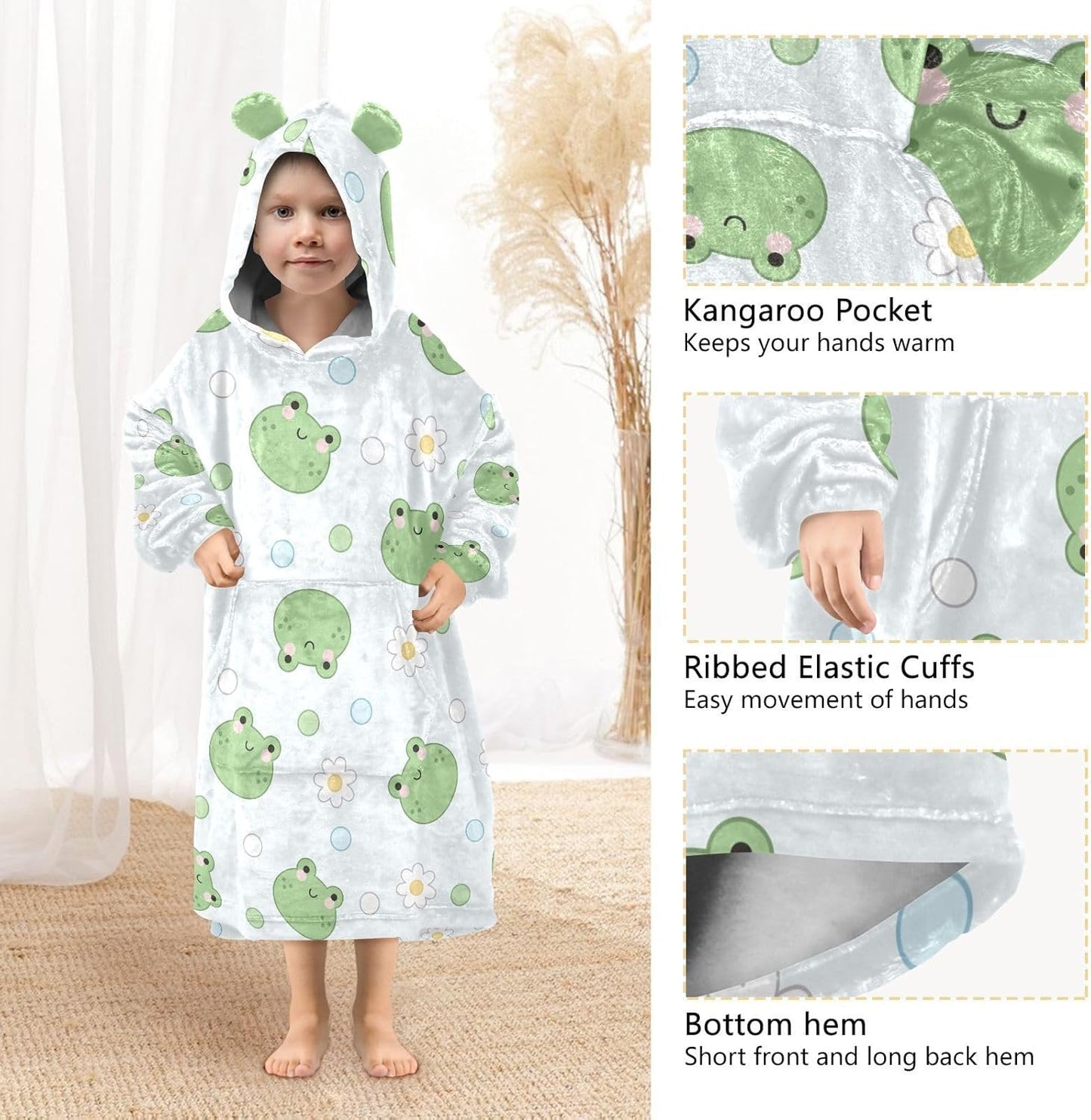 Cartoon Frogs Wearable Blanket Hoodie for Kids Oversized Sherpa Hooded Blanket Cozy Warm Gift