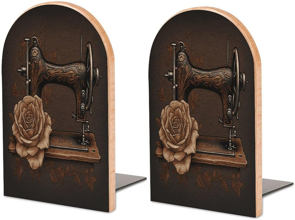 Rose and Sewing Machine Wooden Bookend Non-Slip Book Ends Heavy Duty Book Stopper with Metal Base Books Holderd Decorative Bookends Stands Firmly for Office Supplies
