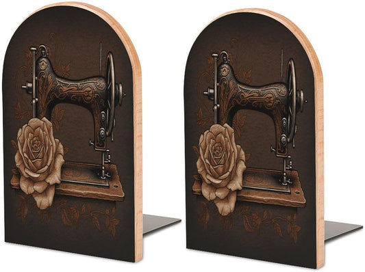 Rose and Sewing Machine Wooden Bookend Non-Slip Book Ends Heavy Duty Book Stopper with Metal Base Books Holderd Decorative Bookends Stands Firmly for Office Supplies