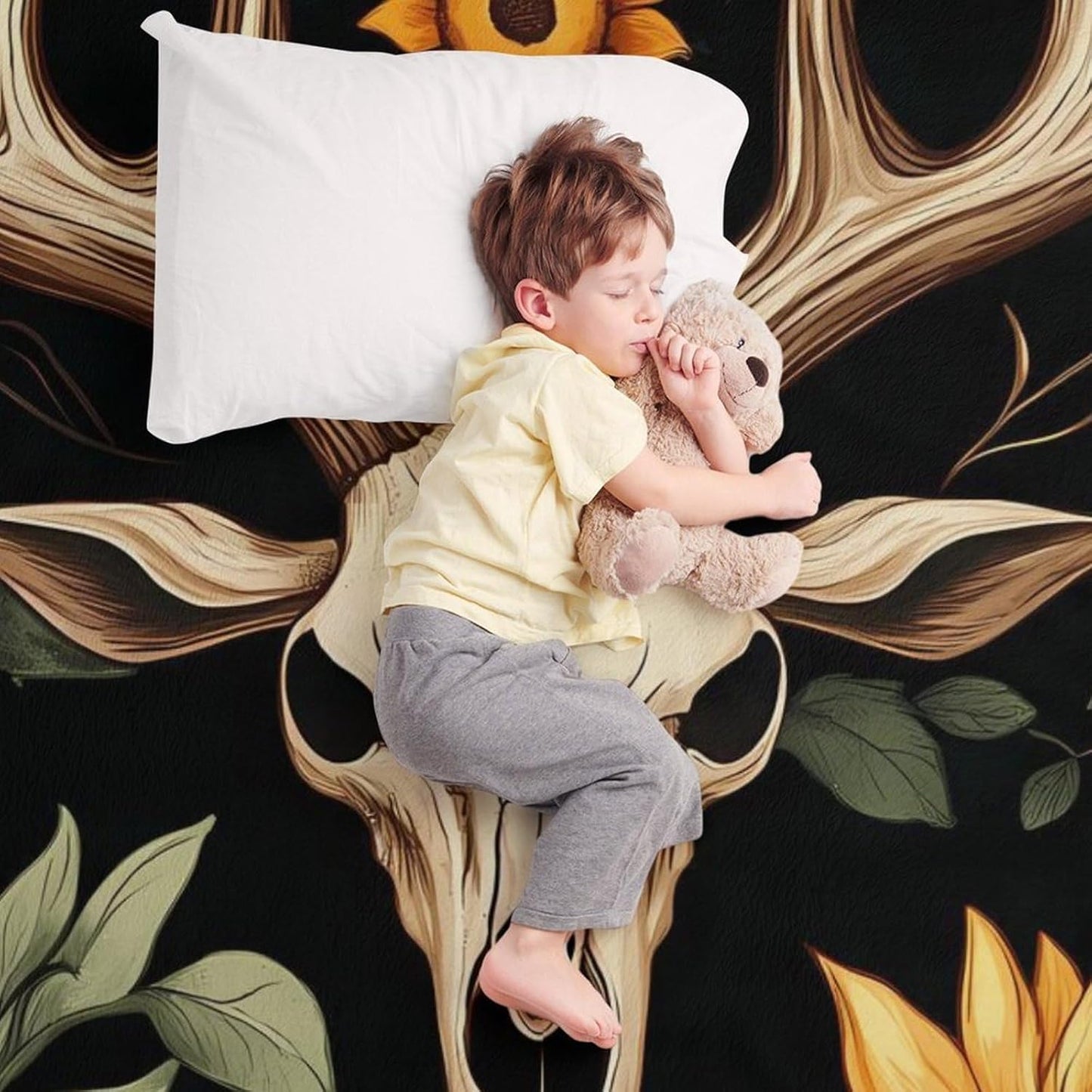 Deer Skull Sunflower Throw Blanket for Couch Bed Plush Cozy Fuzzy Flannel Blanket for All Season 70"x80"