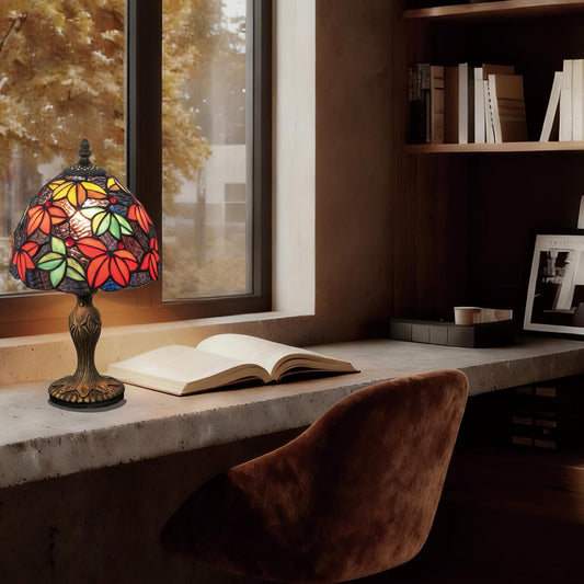Tiffany Stained Glass Bedside Table Lamp 8-inch Purple Blue Maple Leaf Floral Lampshade Nightstand Light for Bedroom Dorm Living Hallway Coffee Table Office Housewarming Gift (Blue Purple)