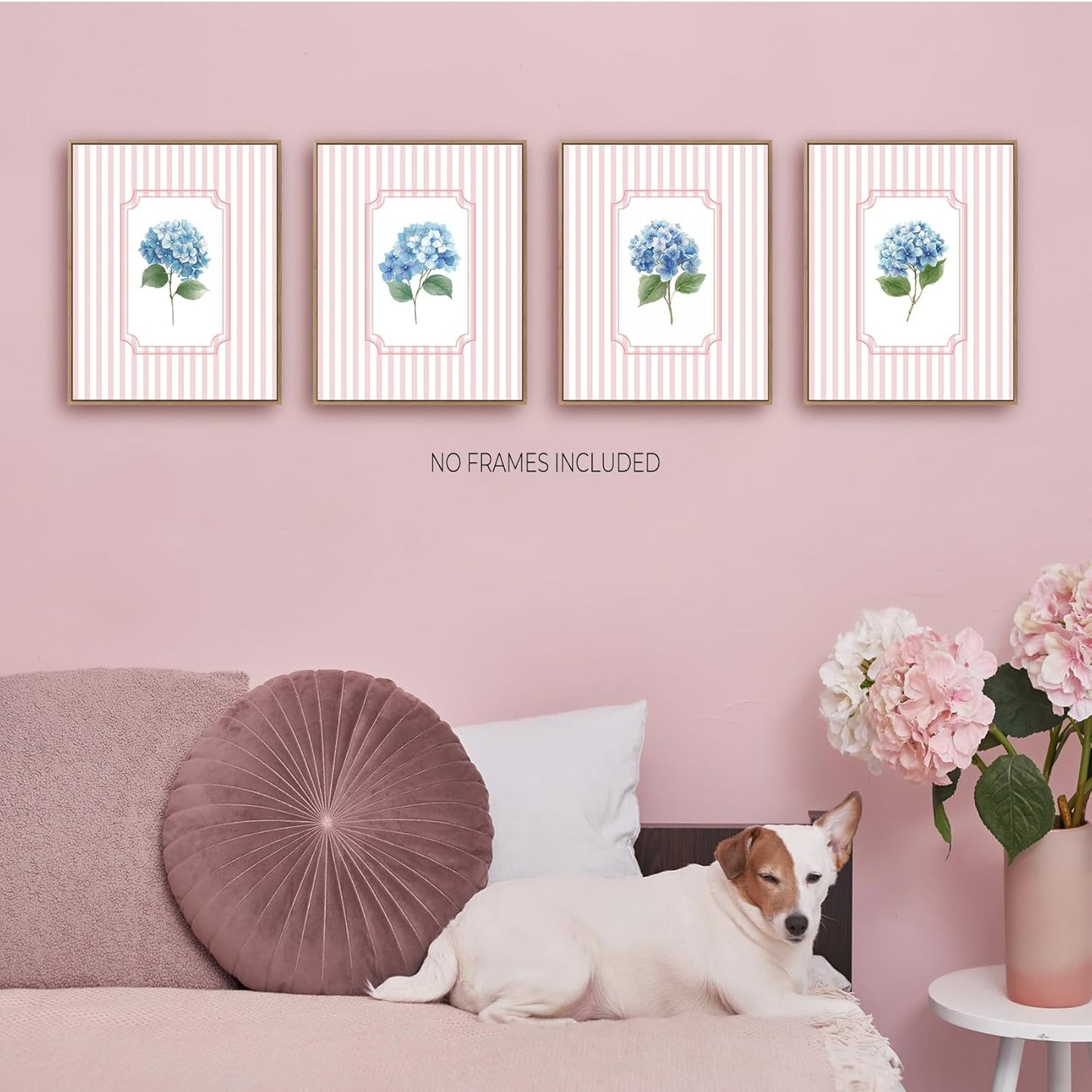 Foritho Pink Striped Blue Hydrangea Floral Wall Art Prints 8x10 Set of 4, Grandmillennial Blue Flower Botanical Wall Decor Pictures Posters for Girls Bedroom Home Living Room, Unframed