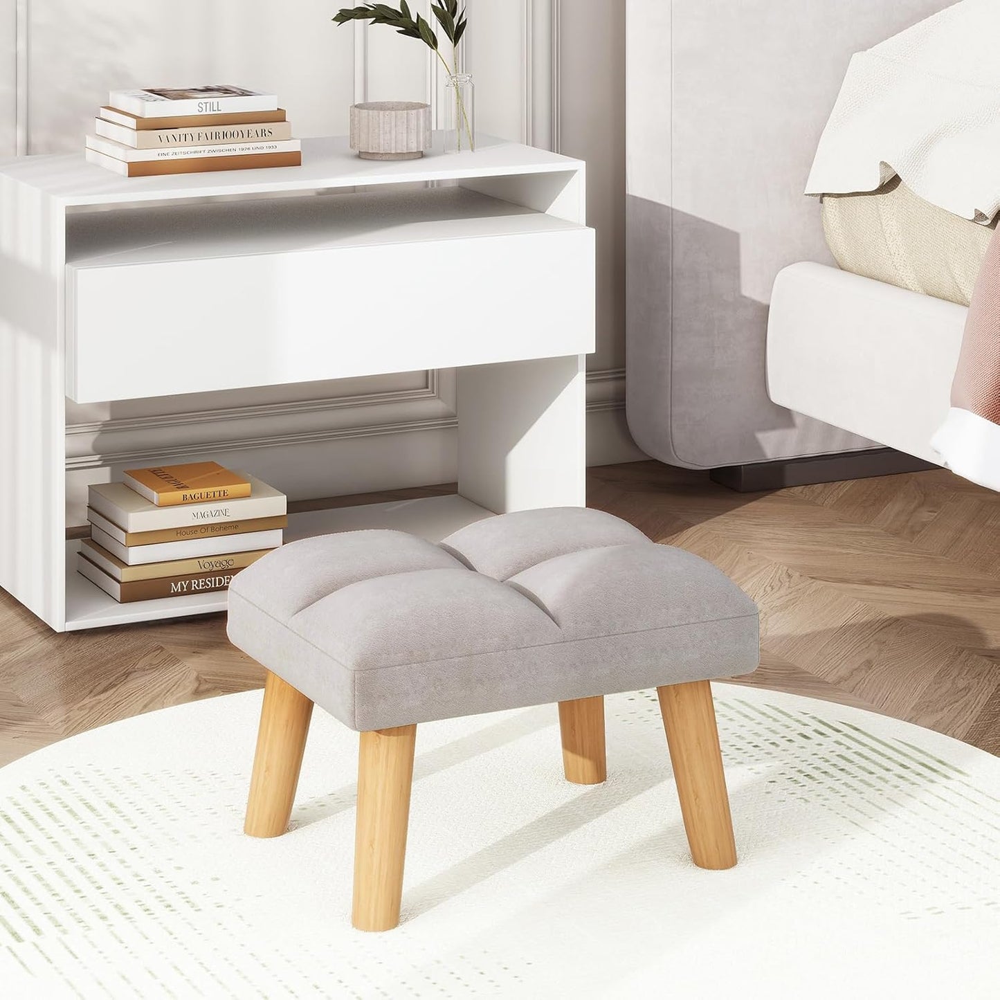 YMYNY Footstool, Small Ottoman Stool Chair with Wooden Legs, Modern Padded Sofa Seat Foot Rest Stool, Sofa Footrest for Living Room Entryway 15.74" D×11.81" W×10.62" H Grey UHBD032G