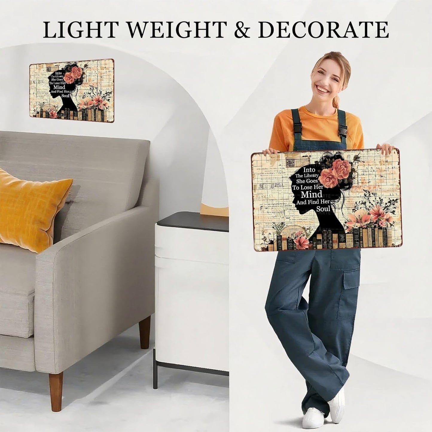 Girl Reading Book Metal Tin Sign Into The Library She Goes To Lose Her Mind And Find Her Soul Vintage Sign for Wall Art Decor for Office Living Room Bar Coffee Shop 8X12Inch
