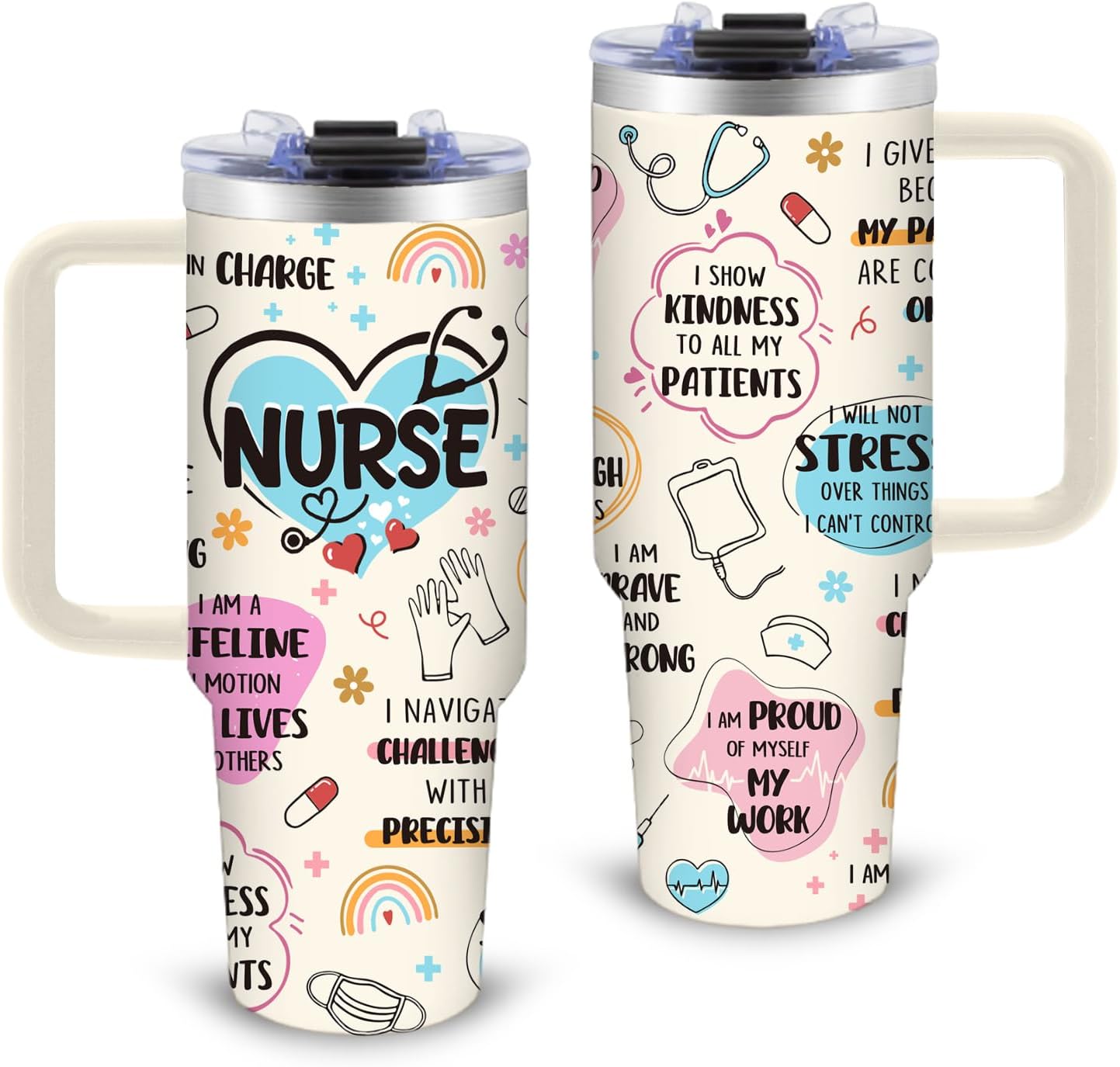 Nurse Tumbler Gifts, 30oz Nurse Themed Tumbler with Handle and Straw, Stainless Steel Double Wall Vacuum Insulated Cup Keep Hot Cold - 30 oz Travel Mug with Lid Tumblers for Work