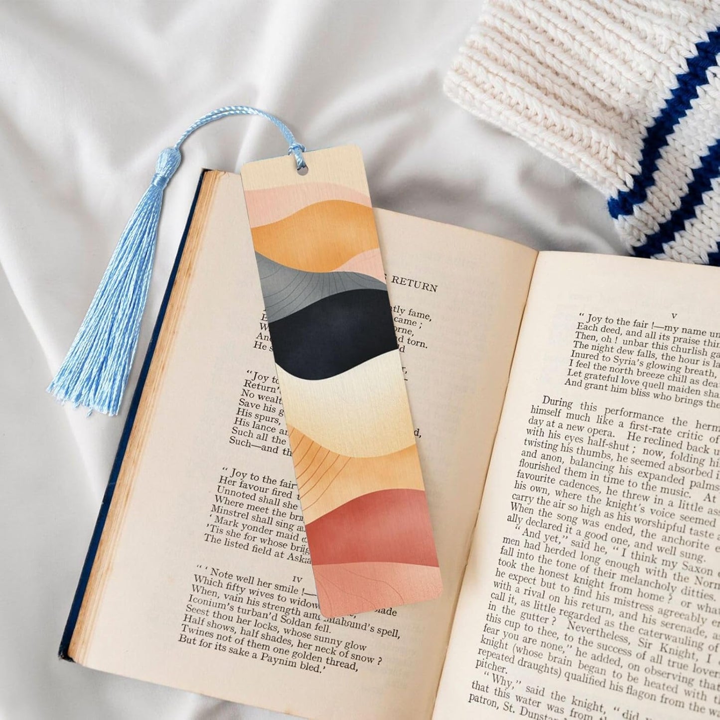 Curve Bookmarks Gifts for Women Men, Wooden Bookmarks for Book Lovers, Vintage Book Marks Ornaments with Tassel, Unique Personalized Reading Page Markers Sky Blue