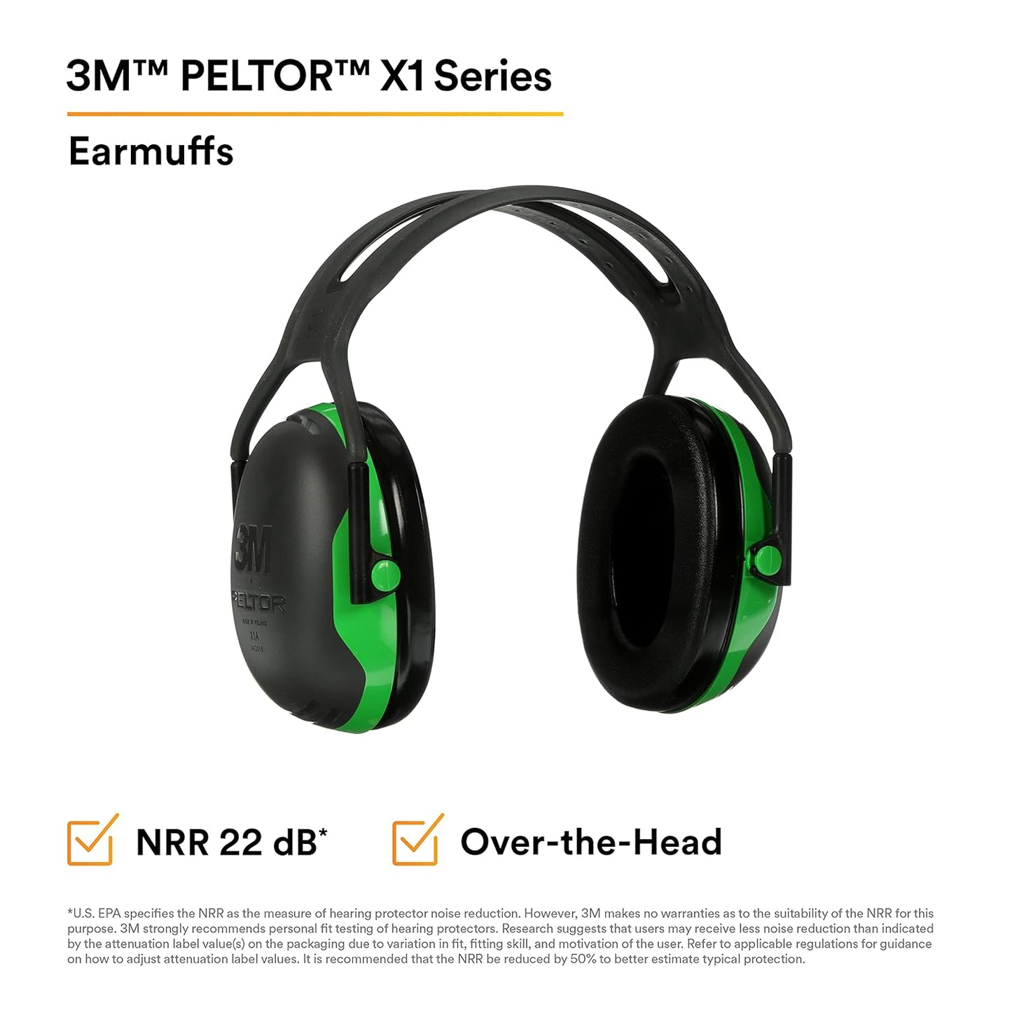 3M PELTOR Ear Muff Hearing Protection, Over-the-Head, X Series X1A, NRR 22 dB, Lightweight, 1 Pair, Construction, Manufacturing, Maintenance, Automotive, Woodworking, Green/Black