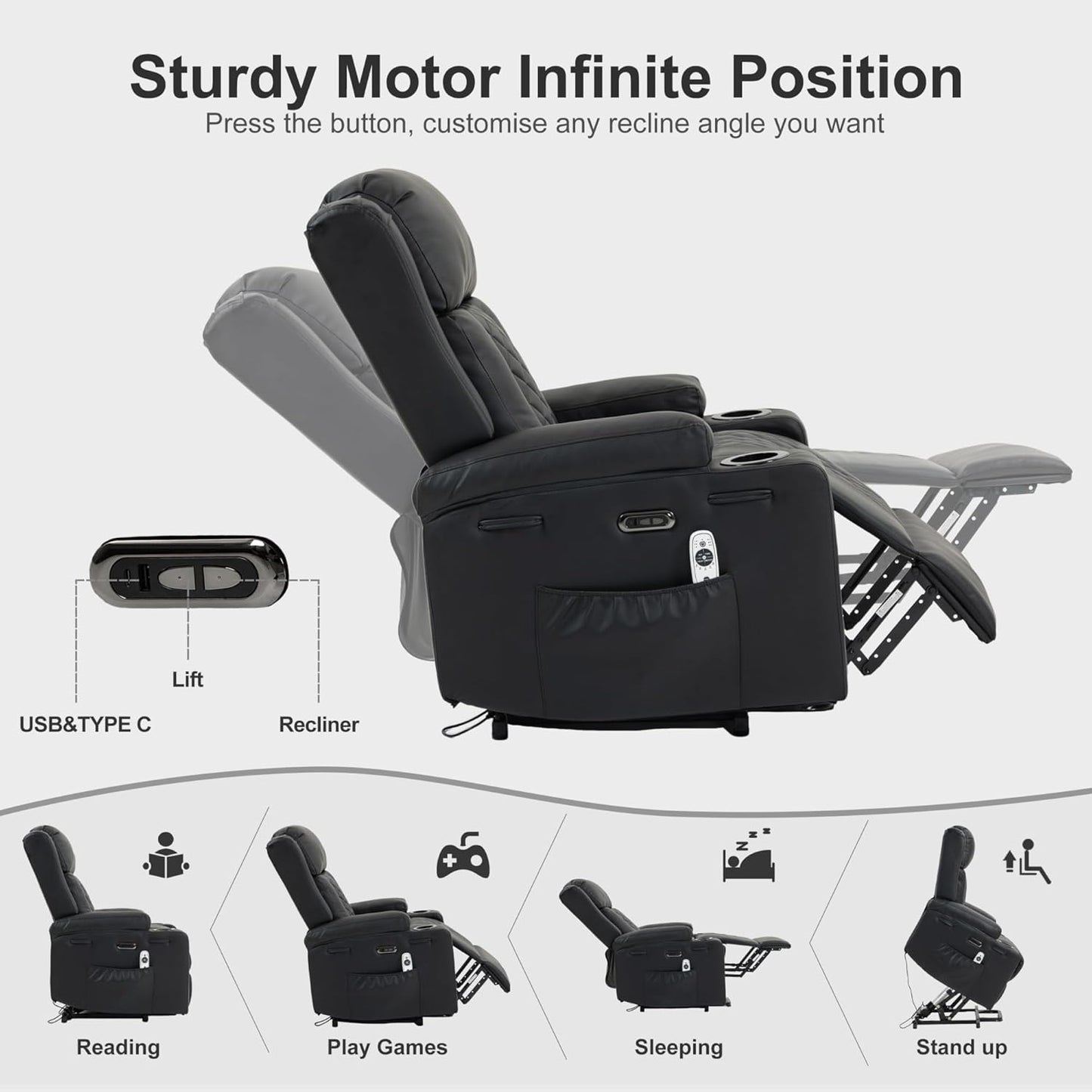 Electric Lift Recliner Chair for Seniors with Full-Body Vibration Massage, Heated Lumbar Support, PU Leather Sofa with Cup Holders Adjustable Footrest, Perfect for Living Room or Home Theater, Black