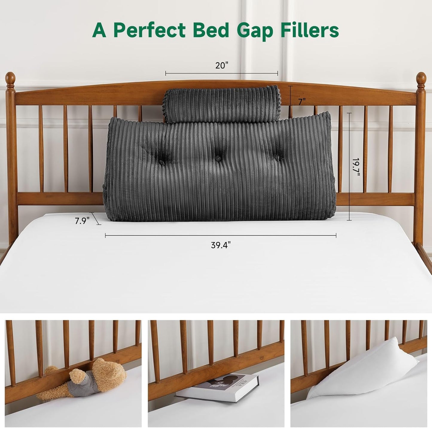 Wedge Headboard Backrest Pillow — Twin, Ultra Soft, Triangle with Roll Pillow, Grey