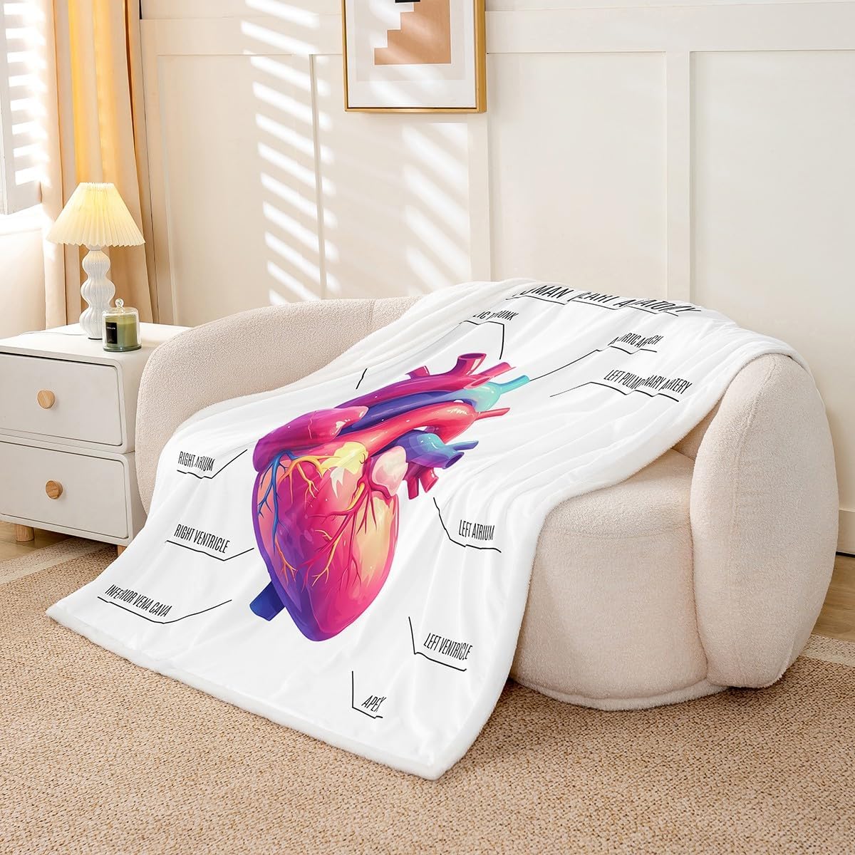 Feelyou Heart Print Fleece Blanket for Sofa Chair Couch Human Heart Anatomy Pattern Sherpa Blanket Decorative Medical Science Style Plush Throw Blanket Body Organs Warm Fuzzy Blanket Throw 50"x60"