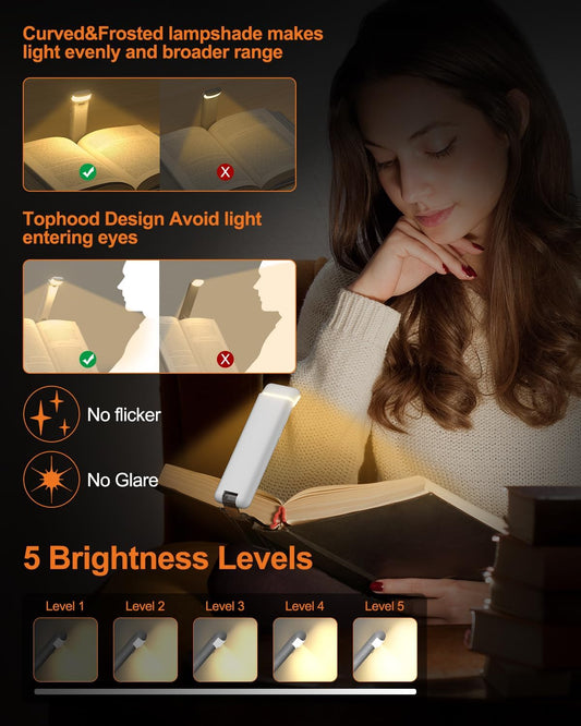 Reading Light,Rechargeable Book Light for Reading in Bed,Upgraded Portable Clip-on LED Bookmark Lamp with Damping Hinge,Long Lasting,3 Colors&5 Brightness&Timer for Book Lovers,Kids(White)