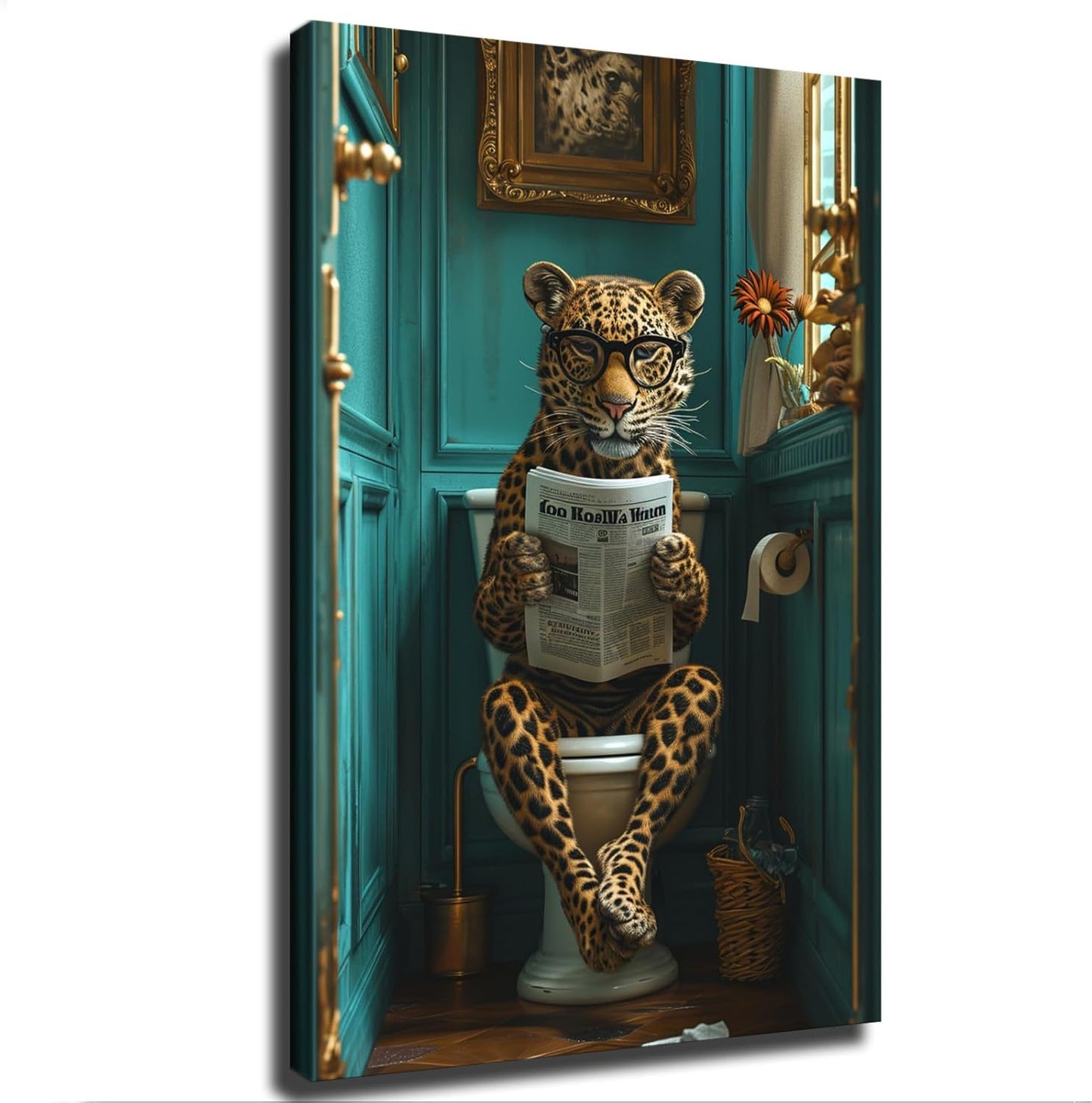 chenmjj Leopard Wearing Glasses and Reading Newspaper in Toilet Print Poster Picture HD Print Poster Retro Painted Modern Home Bedroom Room Aesthetic Decoration Canvas Art (24x36inch Unframed)