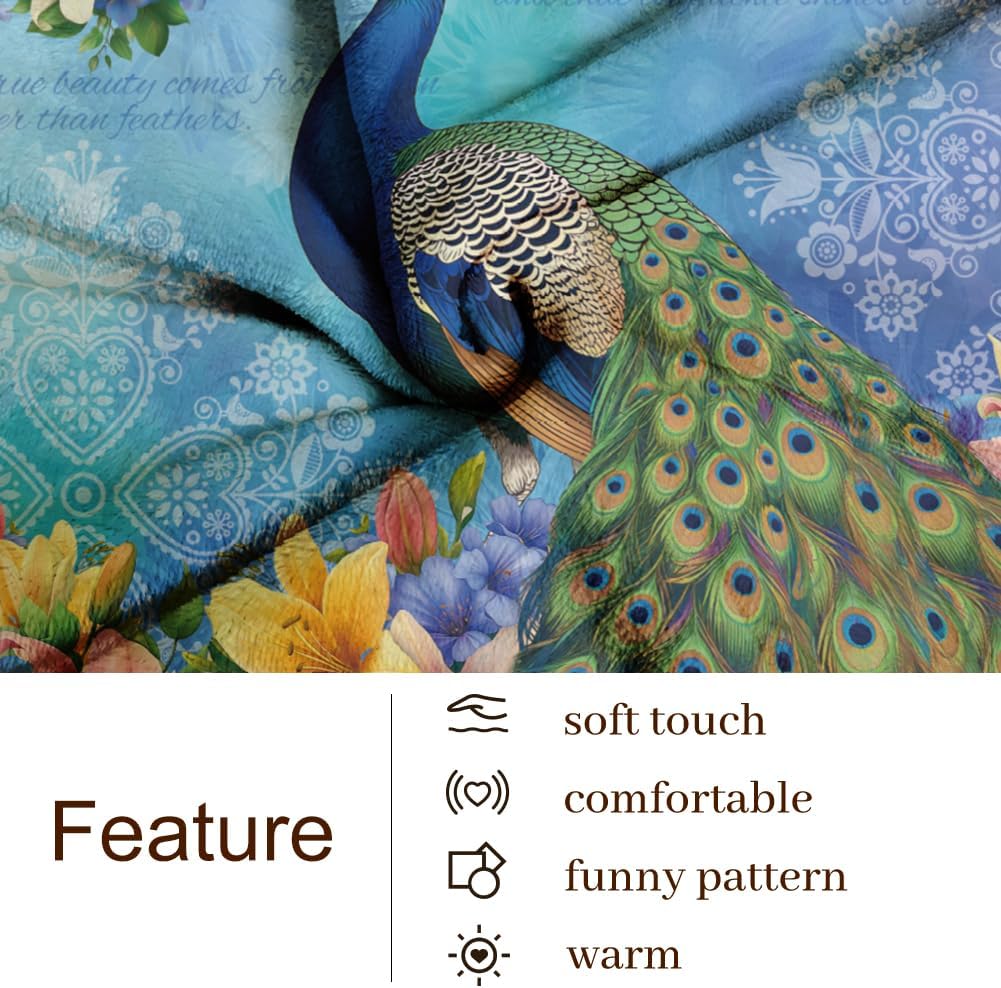 WADORN Vintage Peacock Throw Blanket, 500GSM,Elegant Peacock Floral Cozy Throw Blanket Fuzzy Soft Flannel Fleece Blanket for Home Office Bedroom Living Room Camping Sofa Bed Couch Holiday, 51x59 Inch