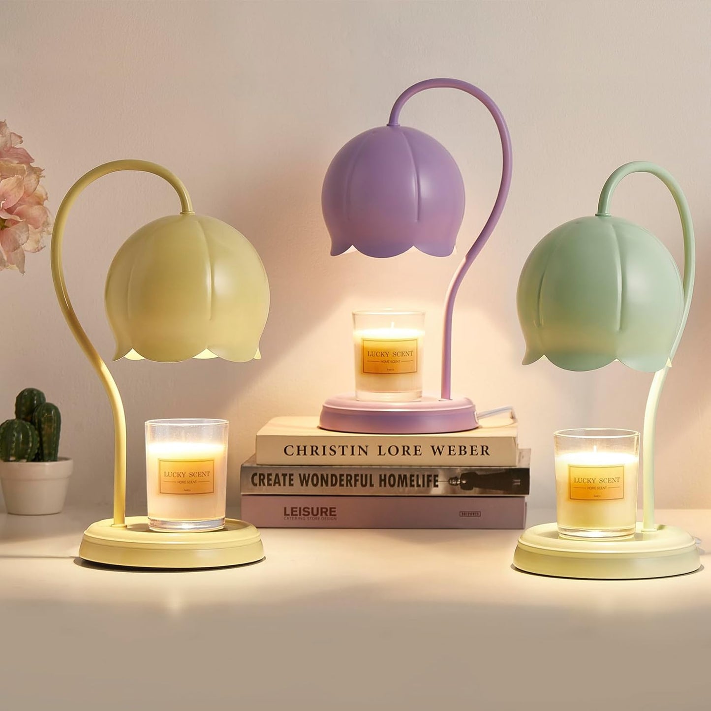 Light Blue Cute Flower Candle Warmer Lamp with Timer Dimmable, Bedroom House Office Aesthetic Living Girls Room New Home Decor, Christmas Birthday New Year Gifts for Women Mom