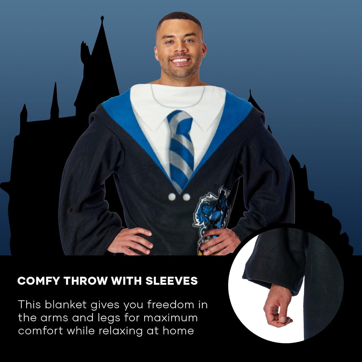 Northwest Comfy Throw Blanket with Sleeves – Harry Potter Ravenclaw Rules Design – 48 x 71 Inch Wearable Fleece Blanket – Cozy All-Season Loungewear