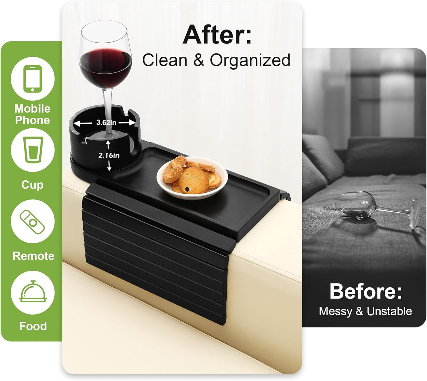 Couch Cup Holder,Bamboo Couch Arm Tray with 360° Rotating Cup Holder,Foldable Anti-Slip Sofa Arm Chair Tray for Eating Snack Drink Side Table