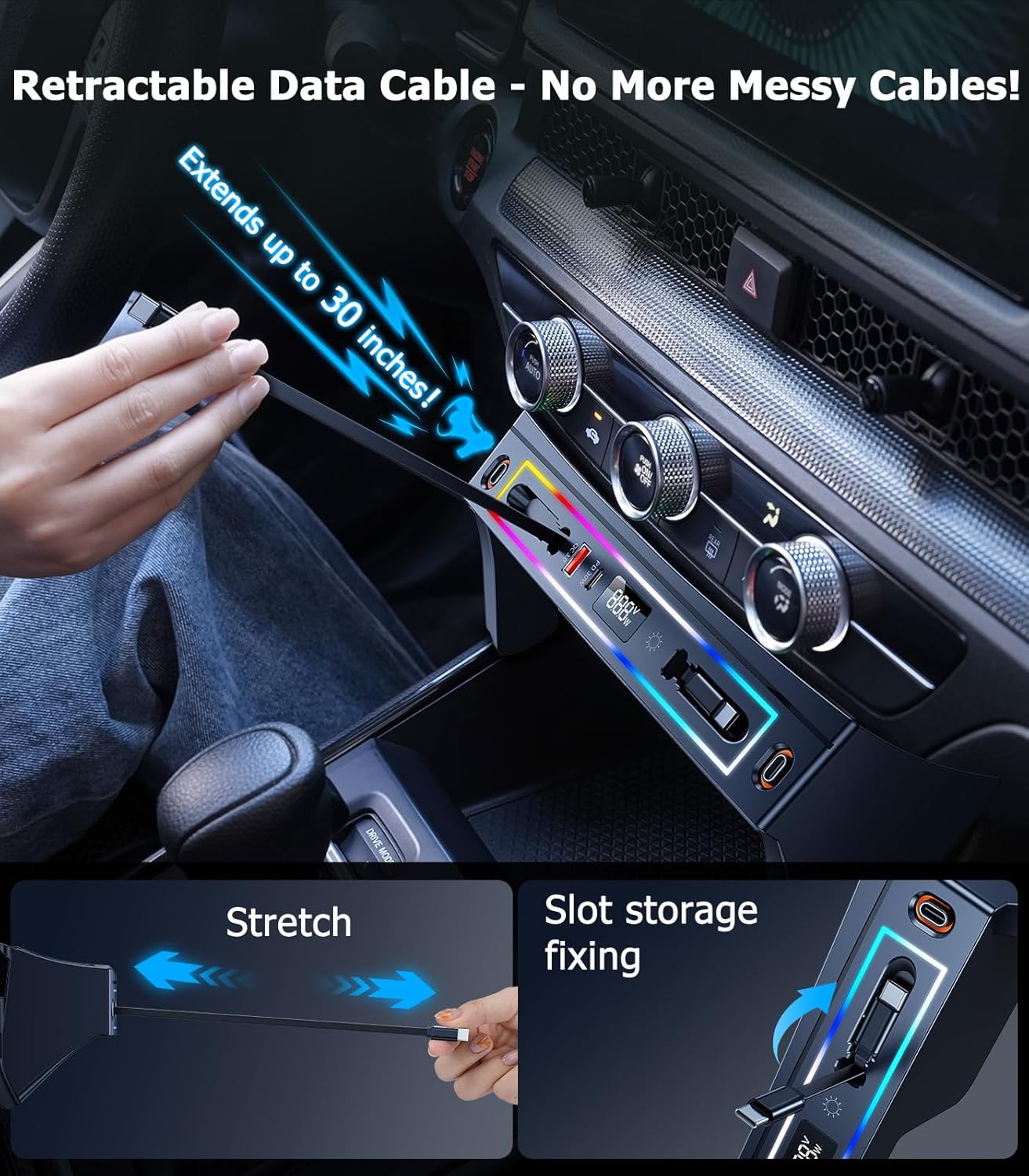 for Honda CRV Car Charger USB Hub with RGB Light, 4-Port Retractable Cable Docking Station for Honda CR-V Accessories 2026 2025 2024 2023, Center Console Phone Fast Charger Hub Voltage Display