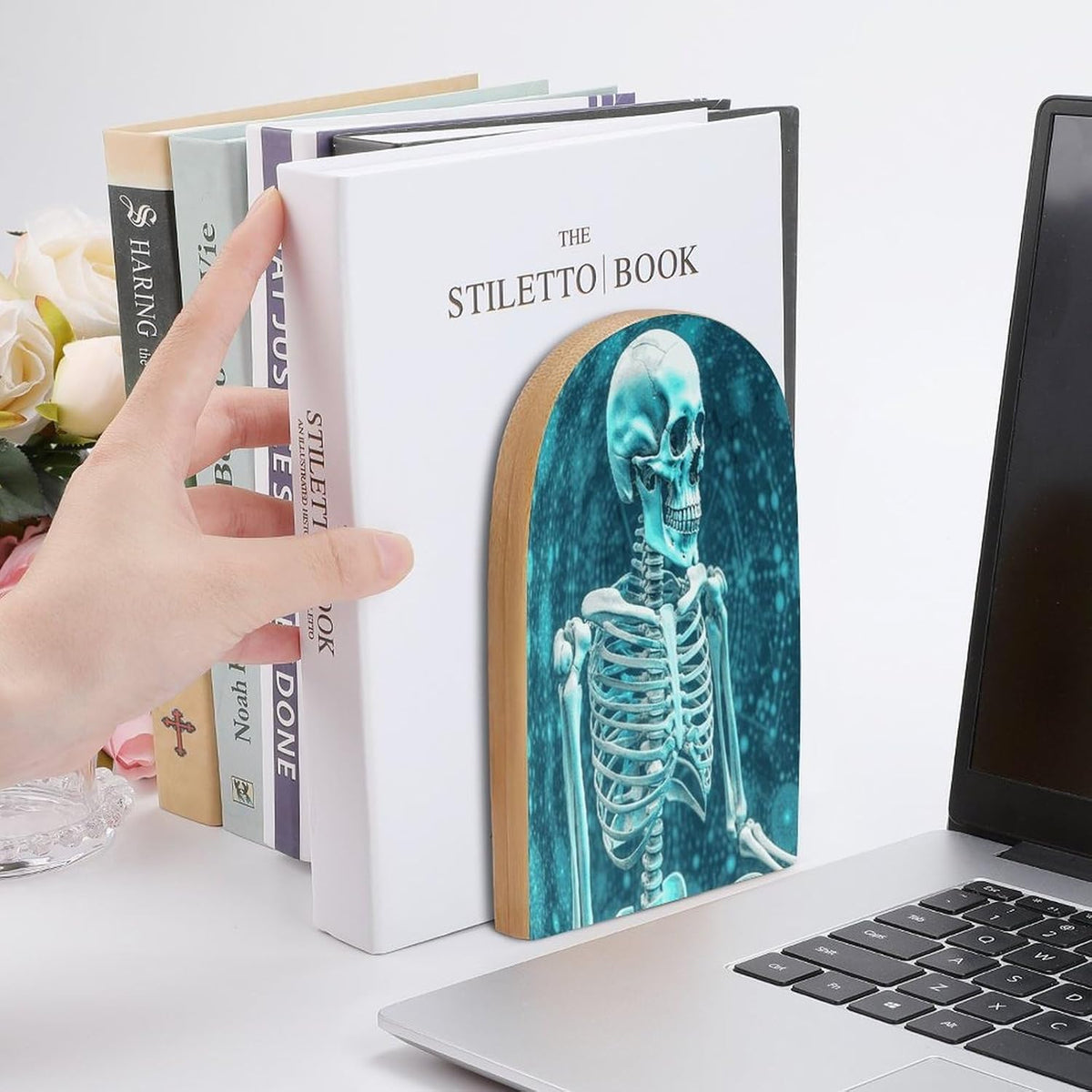The Skeleton of Color Space Wooden Bookend Non-Slip Book Ends Heavy Duty Book Stopper with Metal Base Books Holderd Decorative Bookends Stands Firmly for Office Supplies