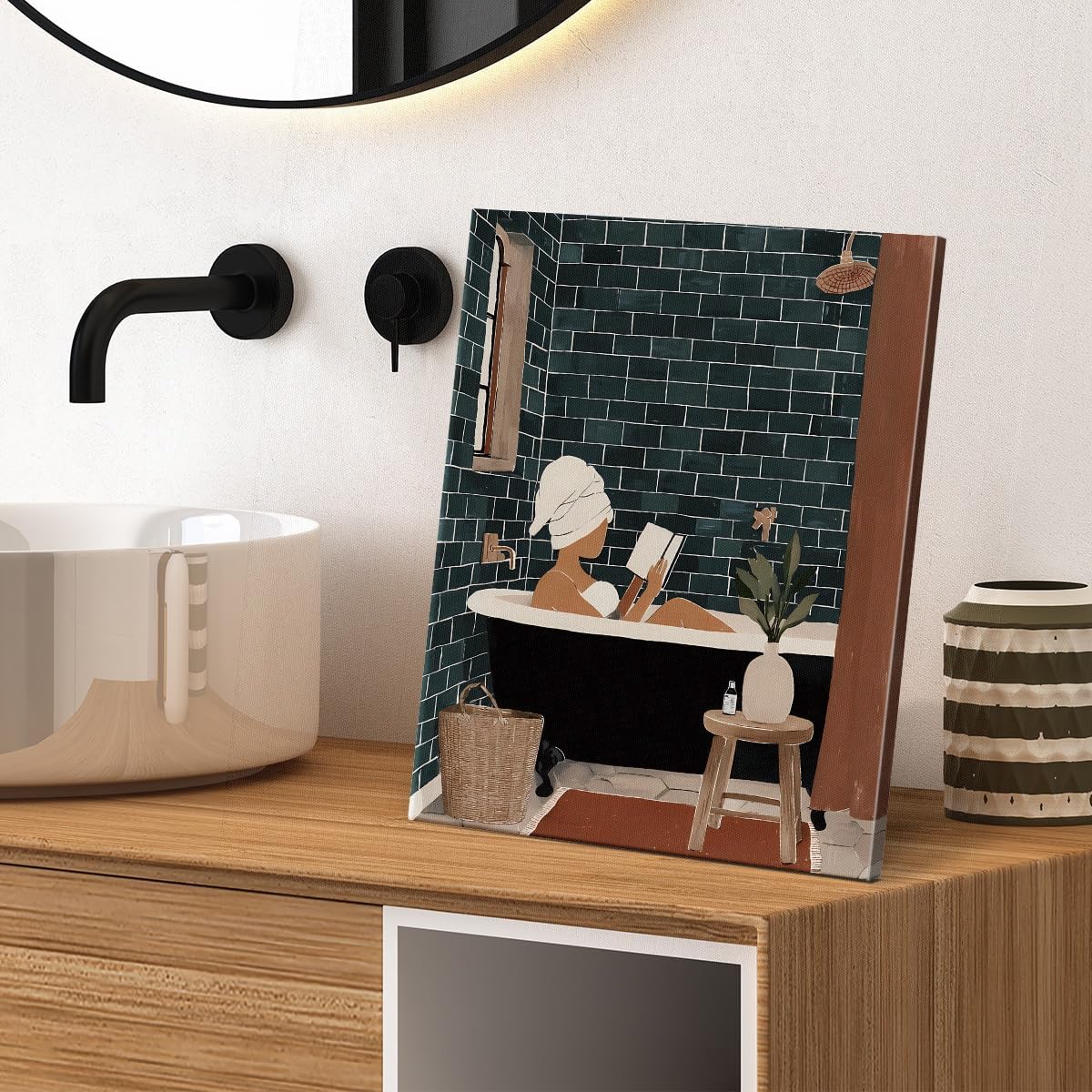 Modern Bathroom Wall Art Print Woman Reading in Bathtub Poster Artwork Wall Decor for Spa Bathroom Washroom 8x10 Canvas Framed