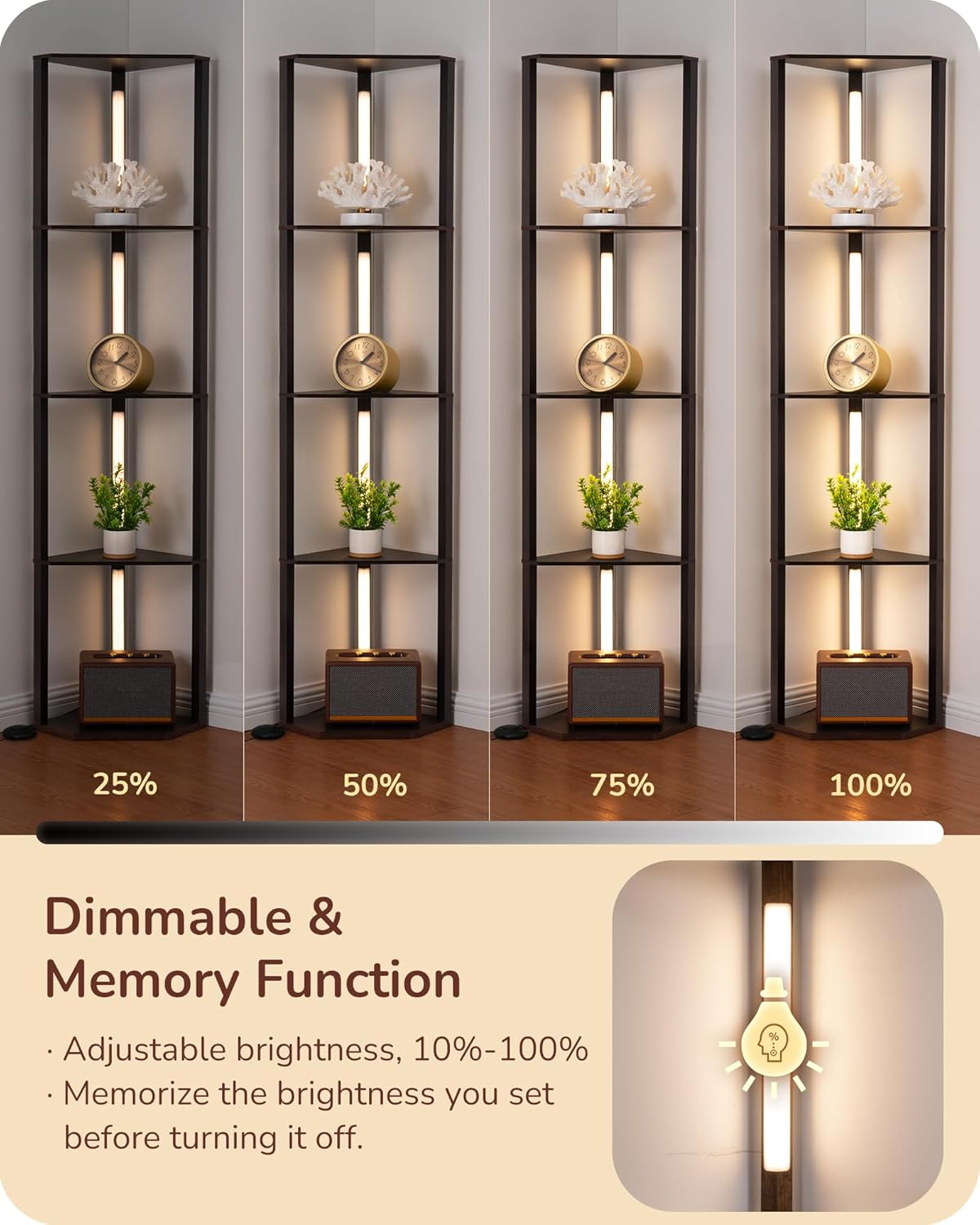 EDISHINE 64" Corner Shelf Floor Lamp for Living Room, Modern LED Corner Light with Shelves, 3CCT, Stepless Dimmable Tall Floor Light for Bedroom, Office, Dining Room, 3000K 4000K 5000K, Black Walnut