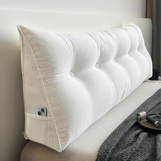 Djft Wedge Headboard Pillow, Bed Backrest Reading Cushion with Removable Cover, Large Sitting Support Pillow with Side Pockets (White, King 76in)