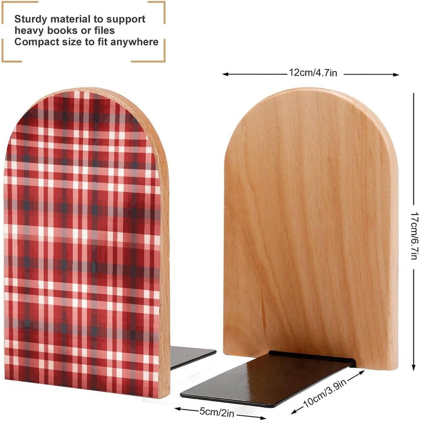 Red Plaid Bookend for Shelves Wooden Book End Large Size Sturdy Book Holders Stoppers with Metal Base for Bookshelves Slick Decorative Bookends Stands
