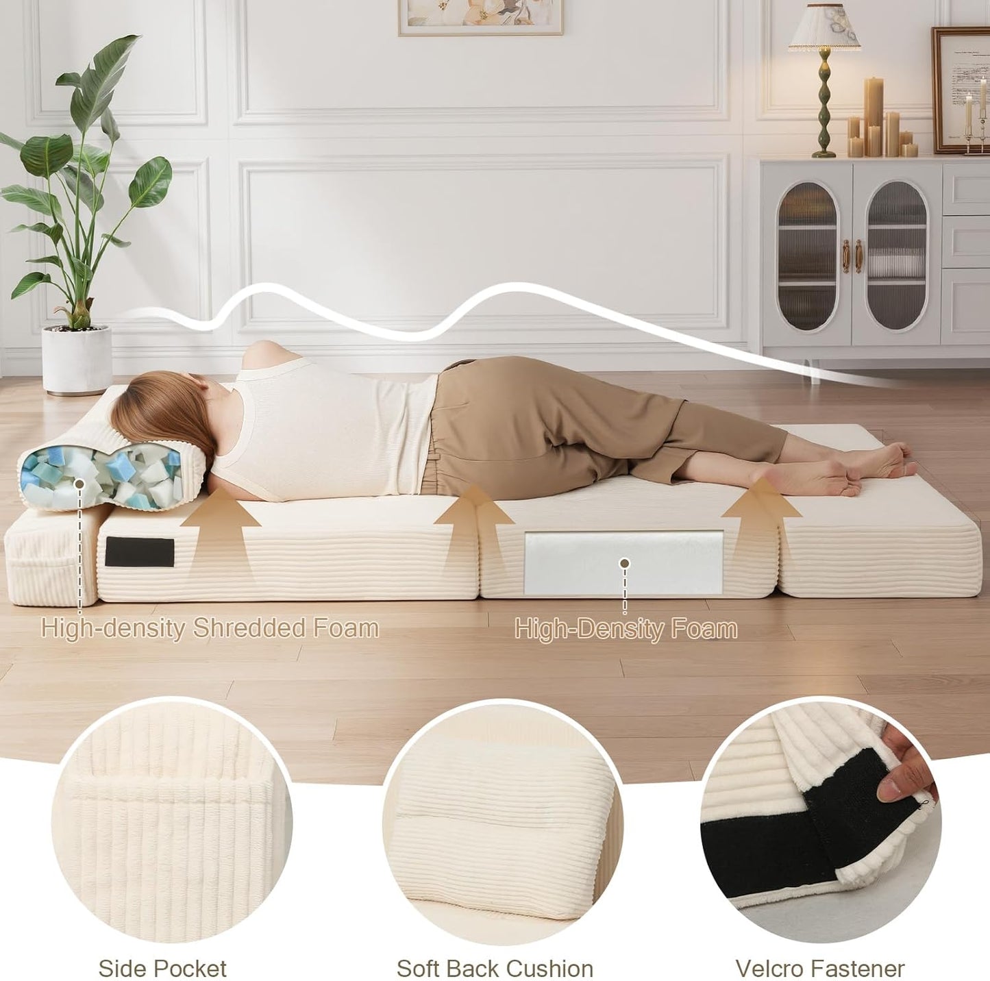 COMAX Folding Sofa Bed, Foldable Couch for Bedroom, Convertible Floor Sleeper Futon Chair Foam, Corduroy 3 in 1 Fold Out Chair Portable Comfy Lounge Couch Sofa Bed for Small Space, Twin, Beige