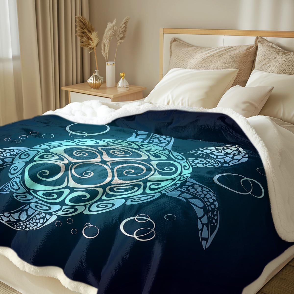 Sleepwish Sea Turtle Fleece Throw Blanket Soft Beach Theme Teal Turquoise Plush Sherpa Blanket for Couch Chair, Sea Turtle Gifts for Women (50" X 60")