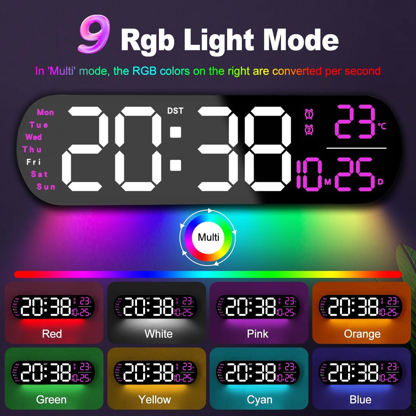 13.7" Large Digital Wall Clock – Remote Control, Dual Alarm, Big LED Display, Auto-Dimming, RGB Night Light, Auto DST – Bedroom, Living Room, Office, Purple
